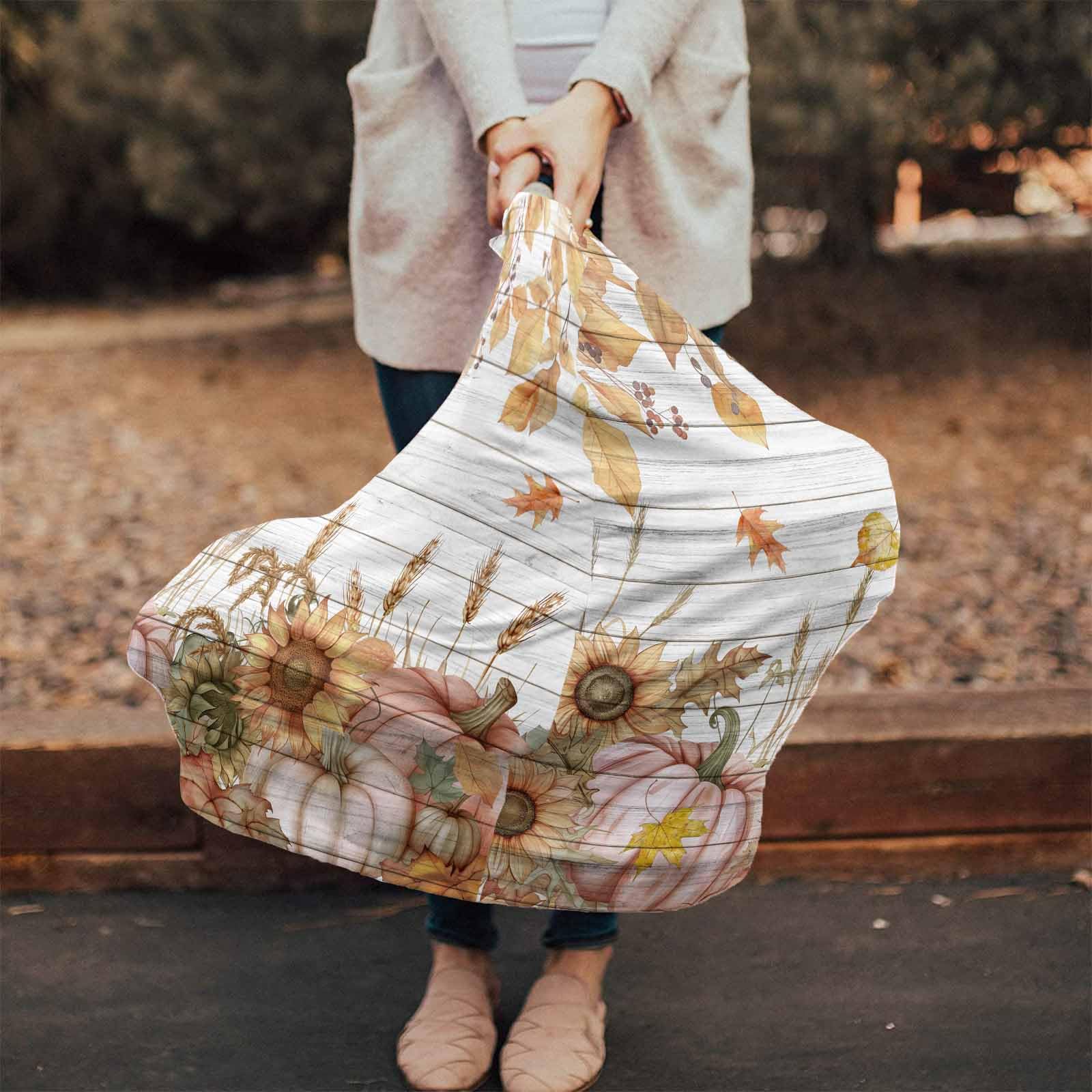 Nursing Cover for Breastfeeding Scarf, Fall Pumpkin Sunflower Leaves Wood Grain Baby Car Covers Super Soft Multi Use for Canopy Shopping Cart Cover Blanket Stroller Cover