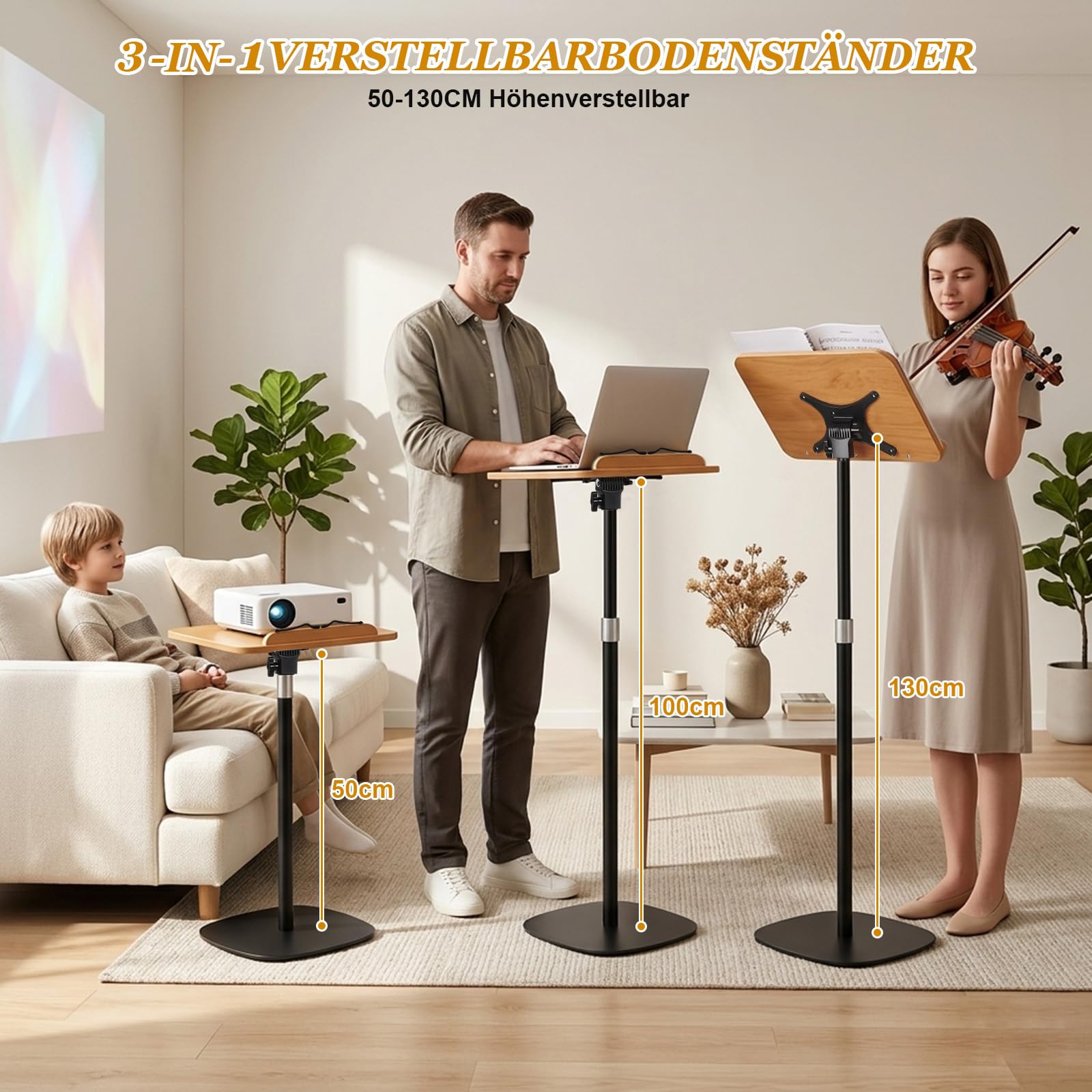 Buchständer Höhenverstellbar 50-130cm Boden Tisch Notenständer Buchhalter | 2 in 1 Verstellbarer Holz Leseständer mit Seitenclip 180°-Neigung für Musiknoten, Rezepte, Tablet, Laptop, Kochbuch