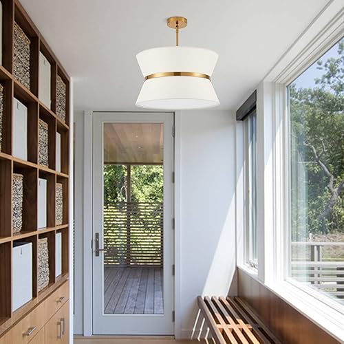 Miniatura 3 de Candelabro moderno con pantalla de tela blanca y acabado de latón, lámpara colgante ajustable para cocina, isla, sala de estar, dormitorio, pasillo,