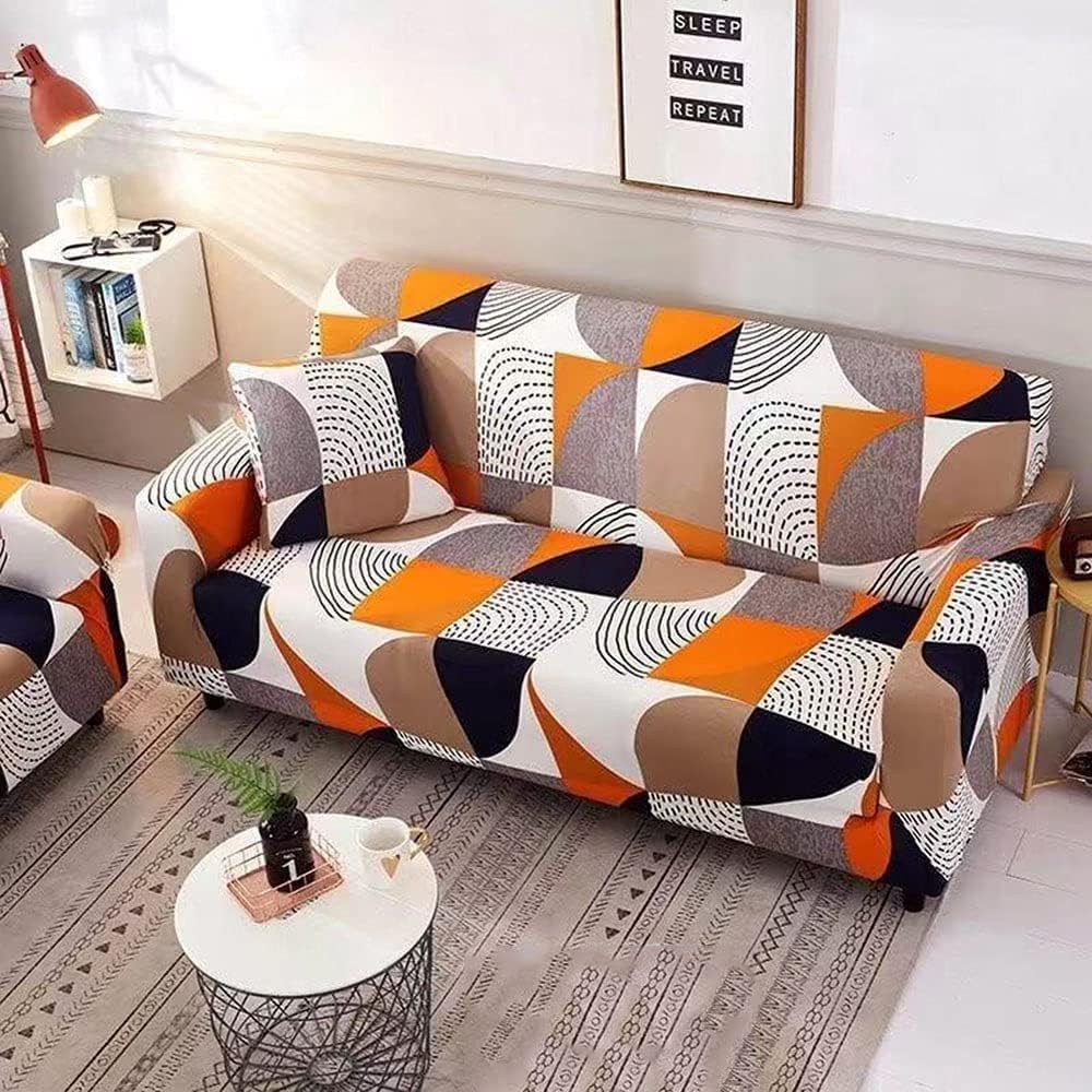 2 Seater Cotton Stretch Sofa Slipcover Fashion Geometric Style All-inclusive Stretch Universal Sofa Cover Slipcover Washable Anti-Skid Stretch (Two Seats)