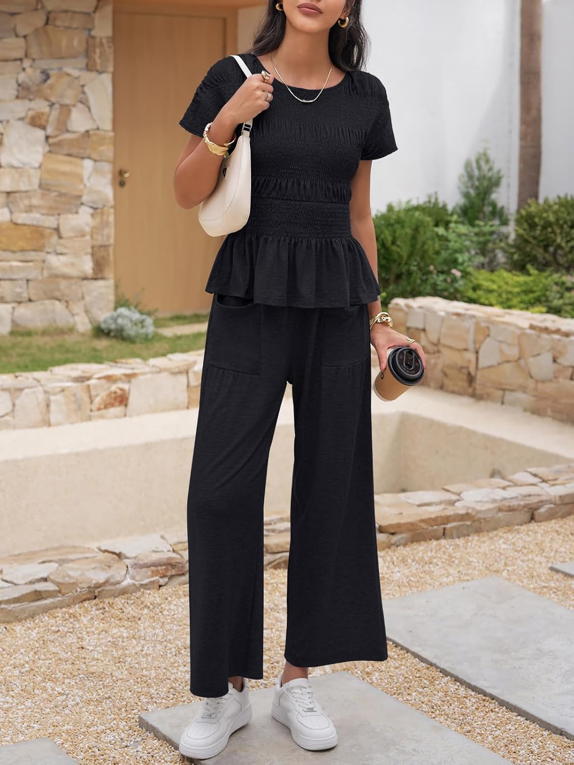 Cicy Bell Womens 2 Piece Outfits Smocked Short Sleeve Tops Wide Leg Elastic Waist Pants Casual Boho Lounge Matching Sets - Image 2