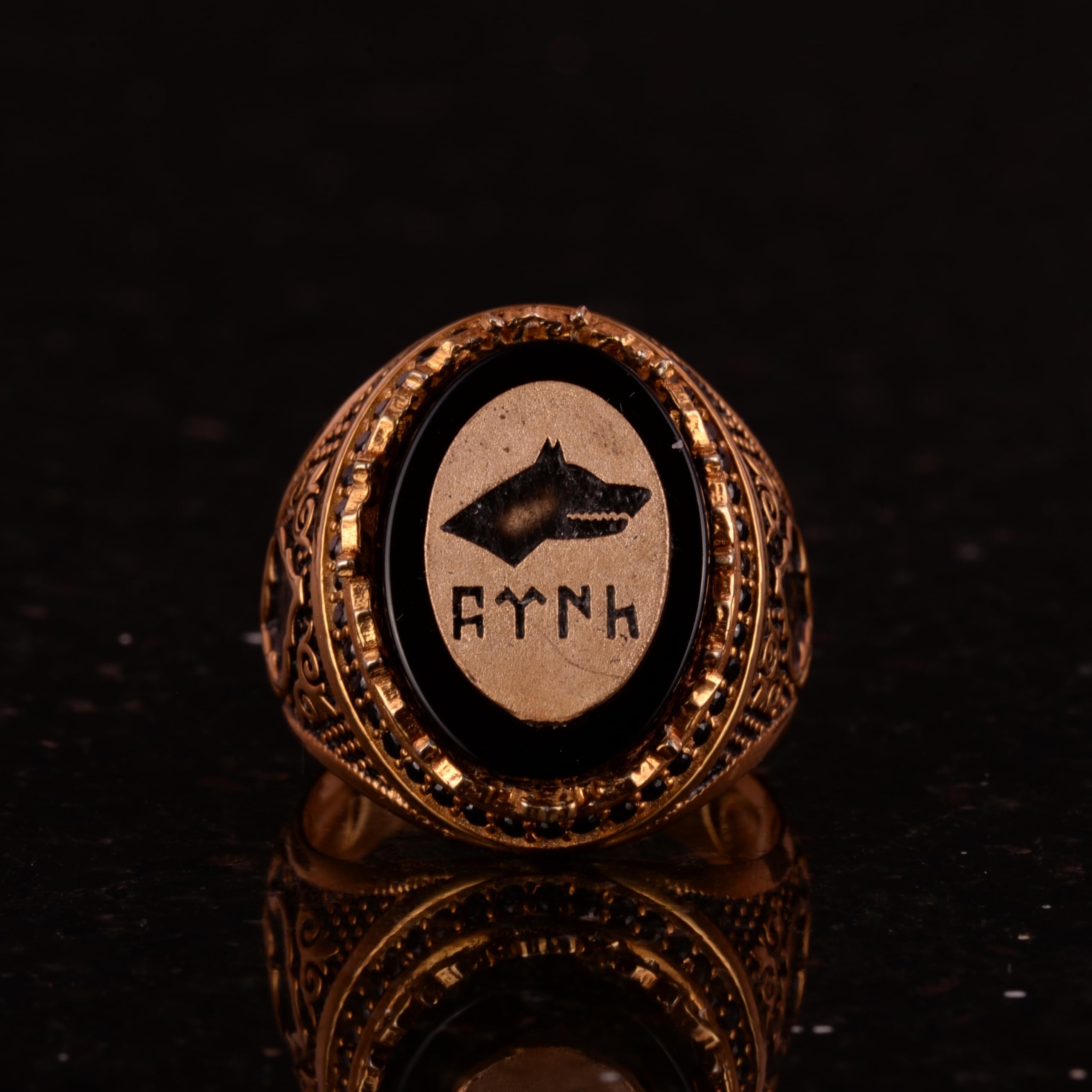 KAMBO Gokturk Ring aus 925er Sterlingsilber, grauer Wolf, handgefertigter Vintage-Stil, Herrenschmuck, Sterlingsilber, Obsidian, Sterling Silber, Obsidian