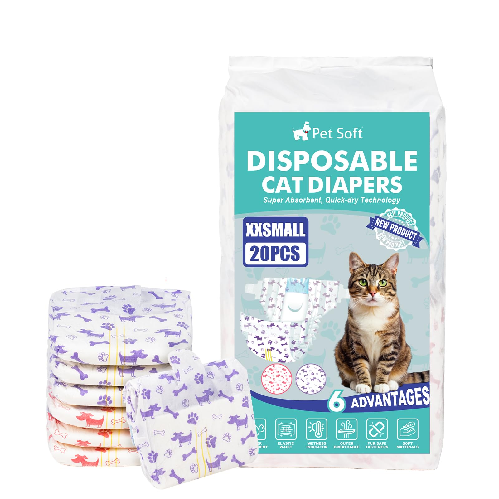Pet Soft Disposable Cat Diapers - Puppy Diapers for Female & Male Cats with Wetness Indicator, Super Absorbent, Fit for Pet in Heat or Incontinence,