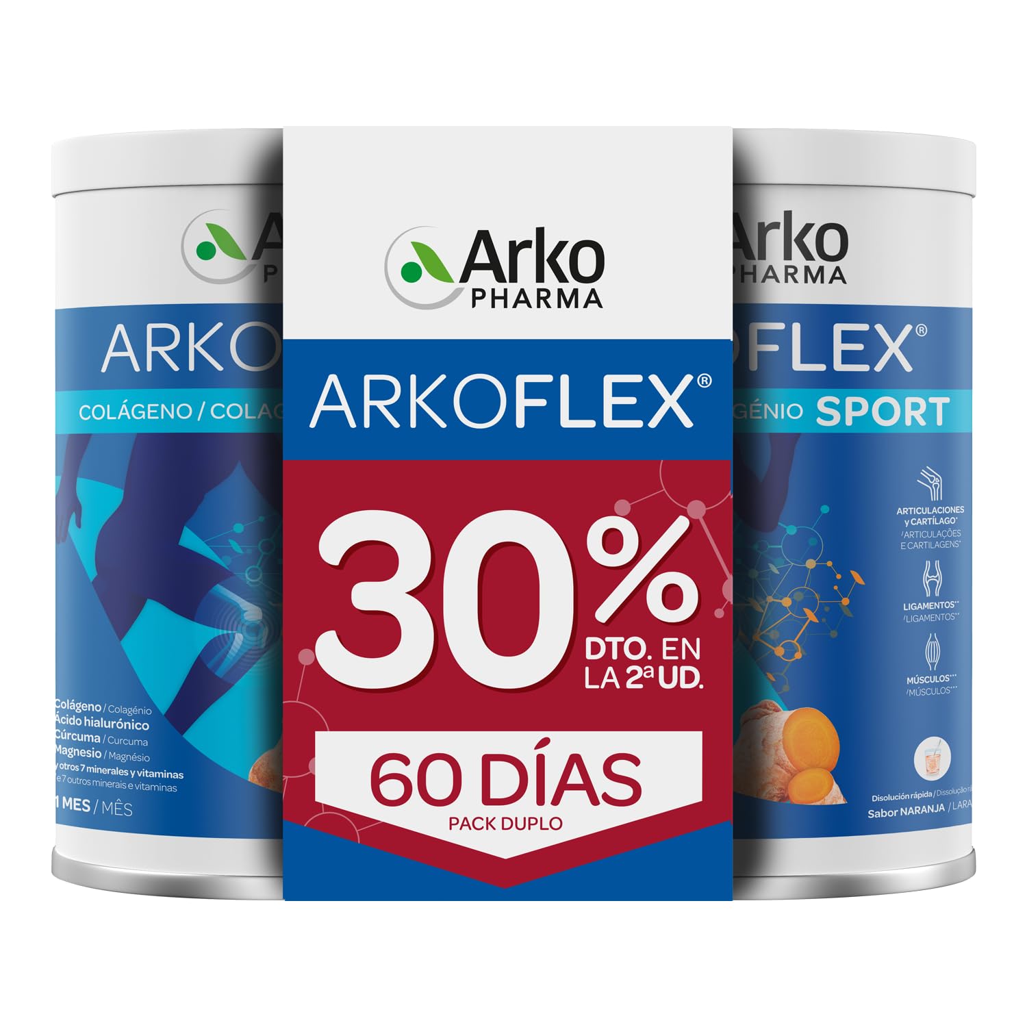 Arkopharma - Arkoflex Colágeno Sport, Pack 2 x 390 g, con Colágeno Hidrolizado y Tipo II, Ácido Hialurónico, Magnesio y Cúrcuma, Apoyo para Articulaciones, Cartílago y Músculos, Sabor Naranja, Polvo