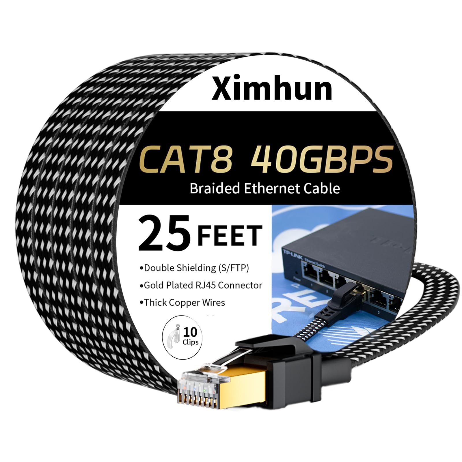 Cavo Ethernet Cat 8 da 6,5 m, cavo di rete intrecciato ad alta velocità con connettore RJ45, 40 Gbps, 2000 Mhz, cavo LAN resistente schermato per interni