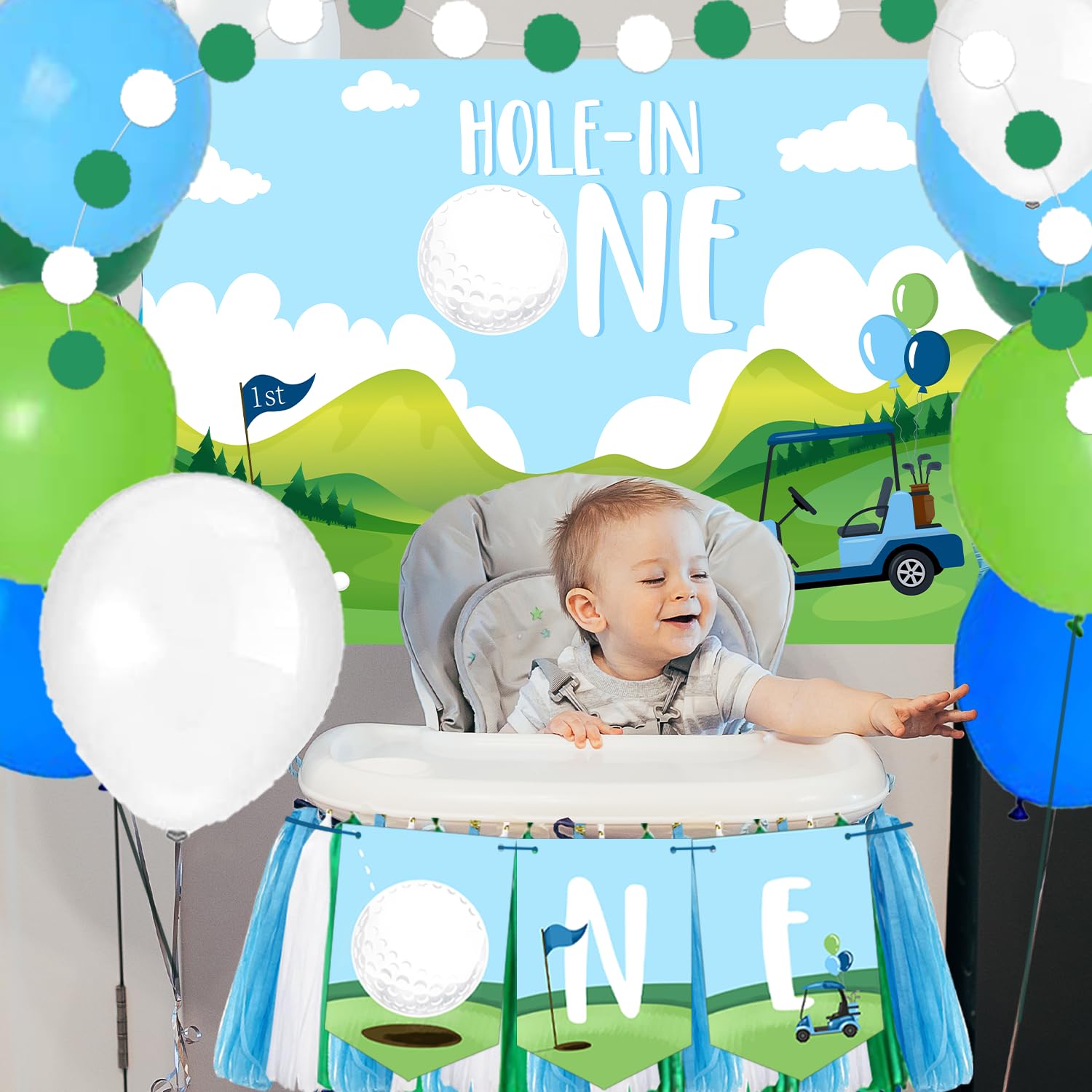 Hole in One Birthday Party Decorations Golf 1st Birthday High Chair Banner Golf Themed Backdrop Balloons for Boys Sports Themed Party Photo Props