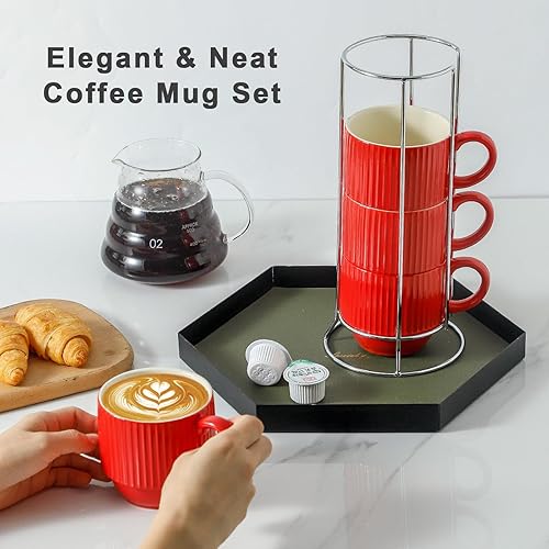 Miniatura 5 de Hasense Juego de 4 tazas de café de 12 onzas con estante, tazas de café apilables rojas de cerámica, modernos juegos de tazas de café acanalado para