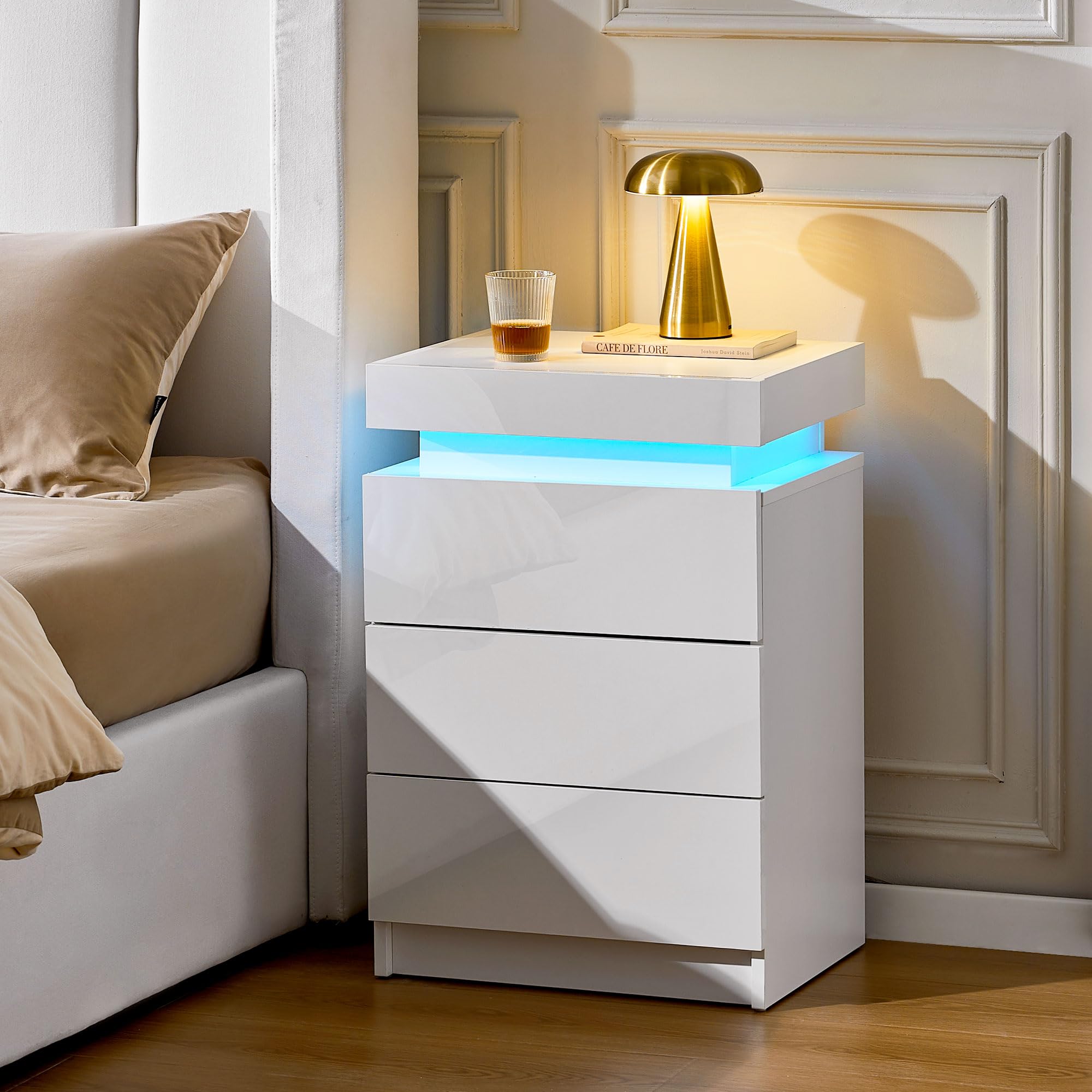 CLIPOP Bedside Tables with LED Lights, High Gloss Front Side Table with 3 Drawers and Top Storage Cabinet, Modern LED Nightstand for Bedroom Living Room, White, 1PC โ image 1
