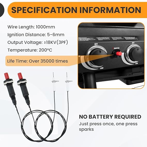 2 Pack Piezo Spark Igniter Kit - Universal BBQ Grill Igniter Replacement with Metal Thread & Ceramic Button | Fits Weber Genesis, Charbroil & Green Mountain Grills | Gas Fireplace/Oven Compatible