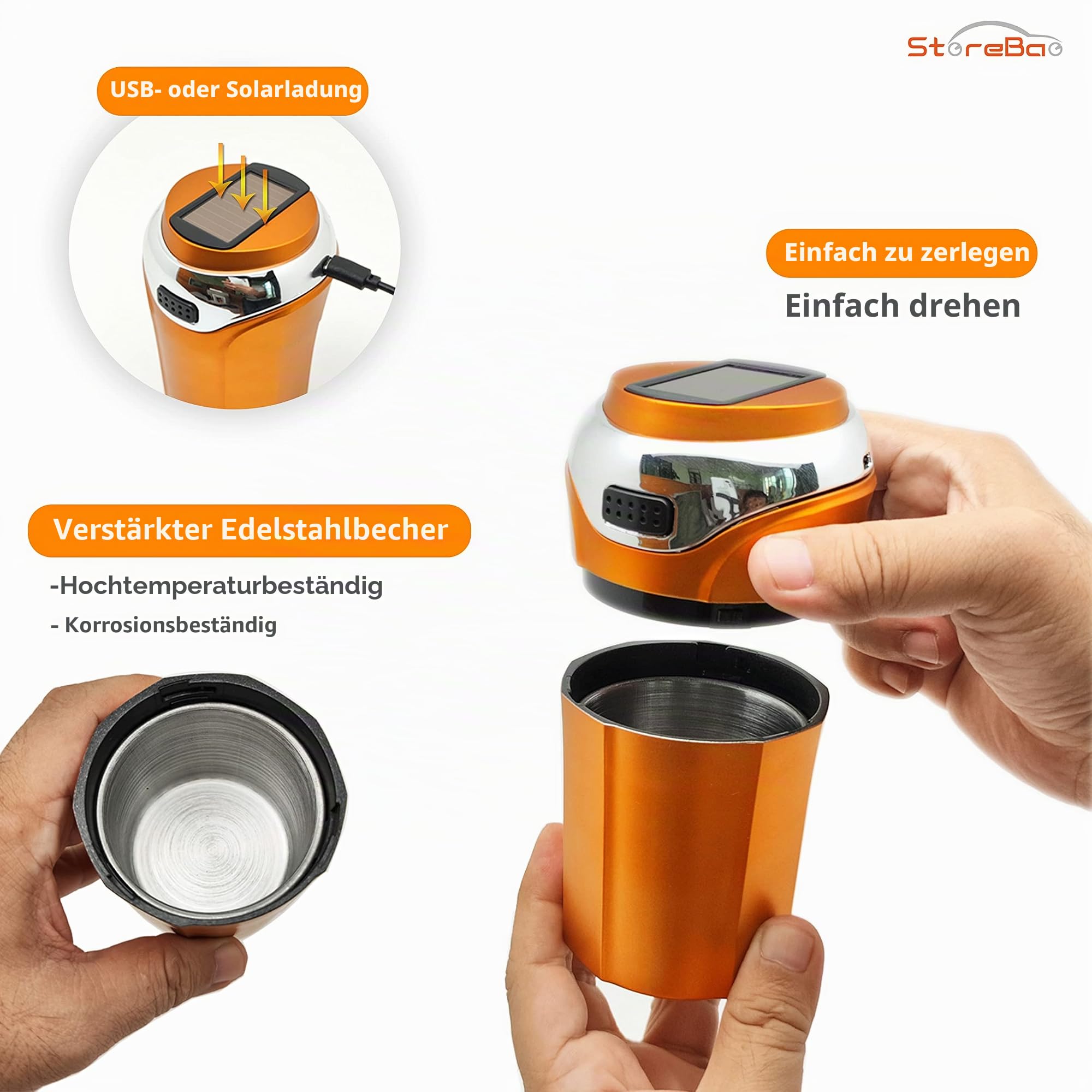 Auto Aschenbecher mit Solar Feuerzeug und LED Licht, kein Aufladen, Abnehmbarer und tragbarer Zigarettenanzünder (Schwarz)