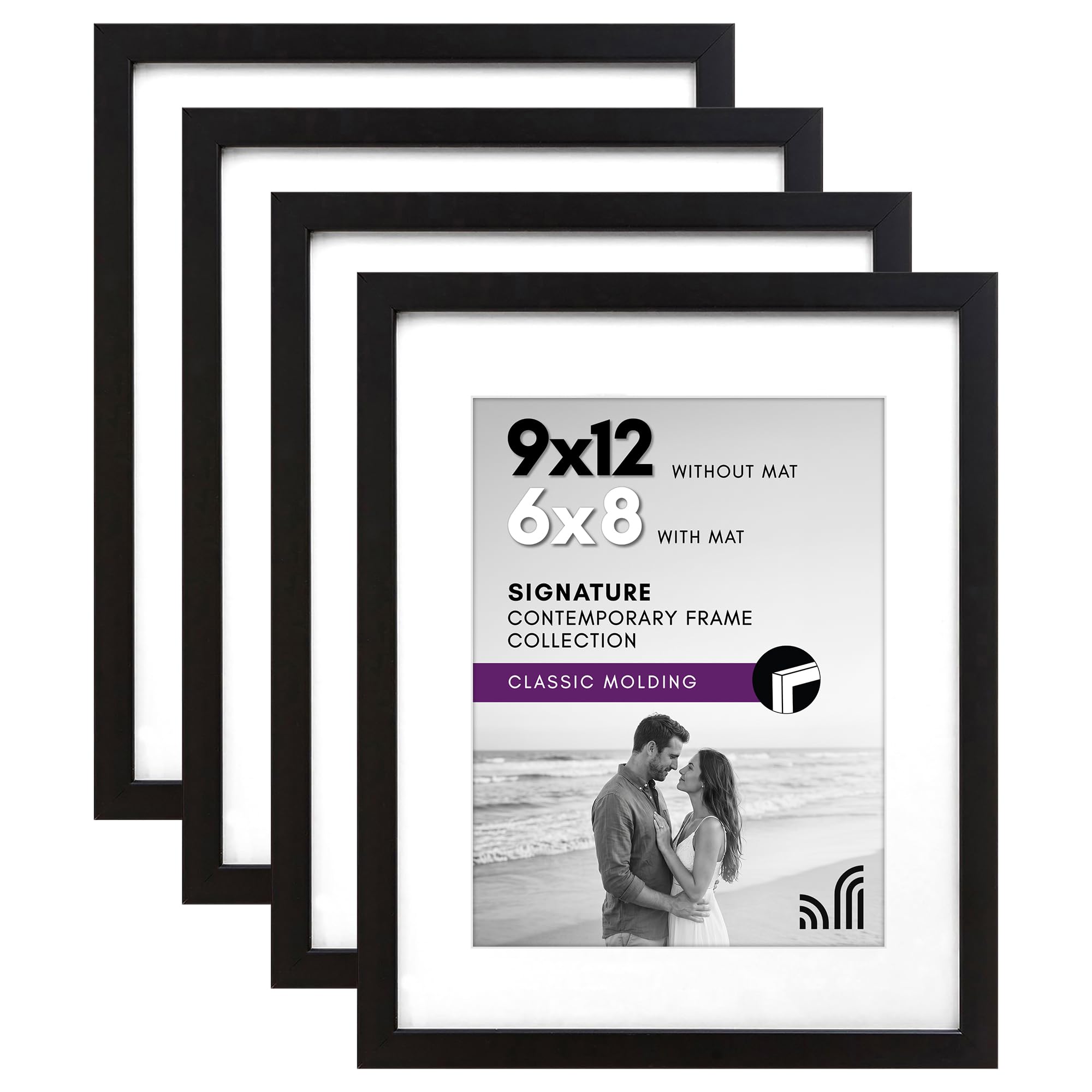 Americanflat 9x12 Picture Frame in Black - Displays 6x8 With Mat and 9x12 Without Mat - Composite Wood with Shatter Resistant Glass - Horizontal and Vertical Formats for Wall-4 Pack