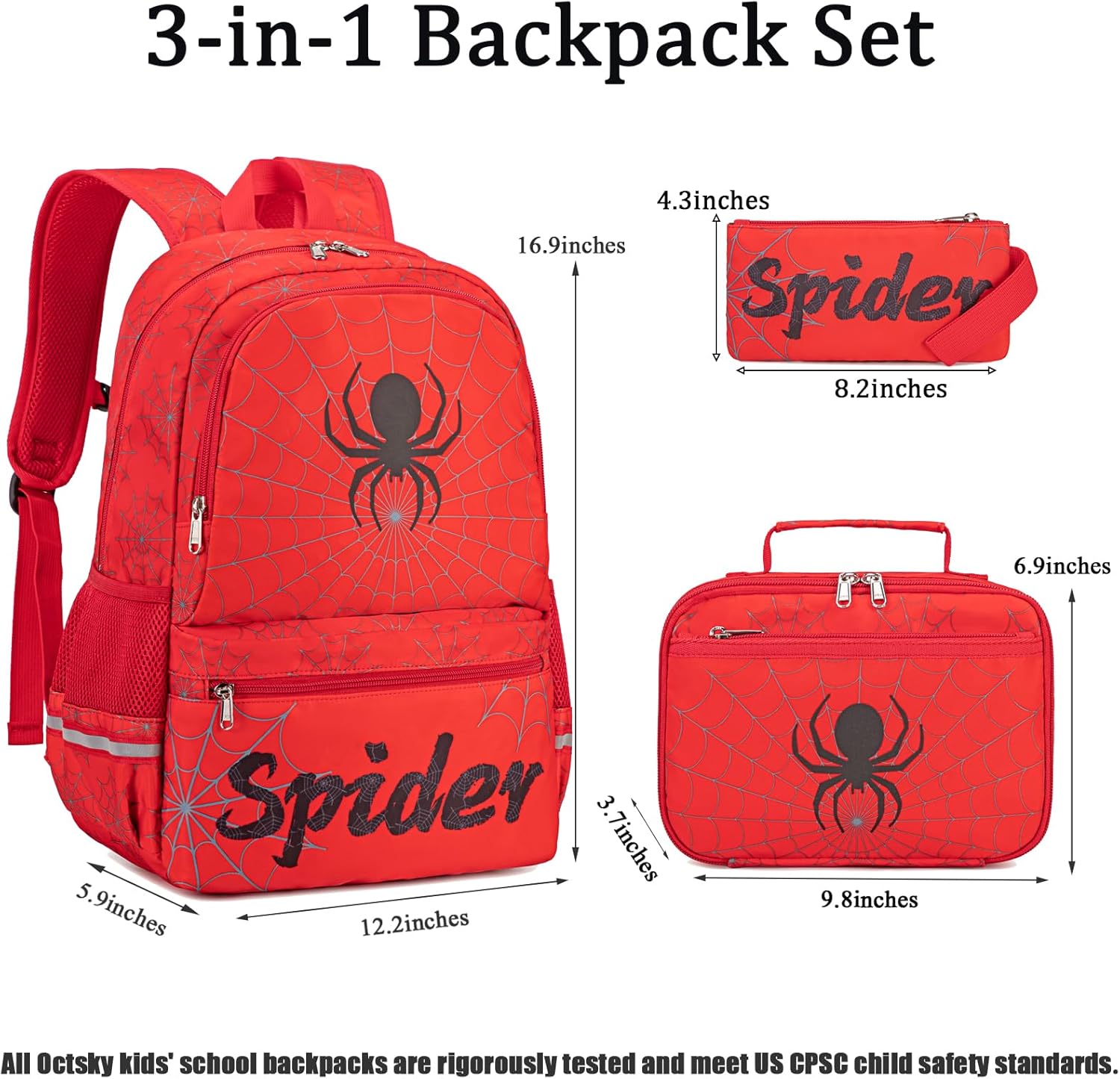 Octsky Kids School Backpack with Lunch Box Pencil Case for Boys, Spider Elementary Middle School Book Bags for Teen Boy Children, Red Black - Image 3