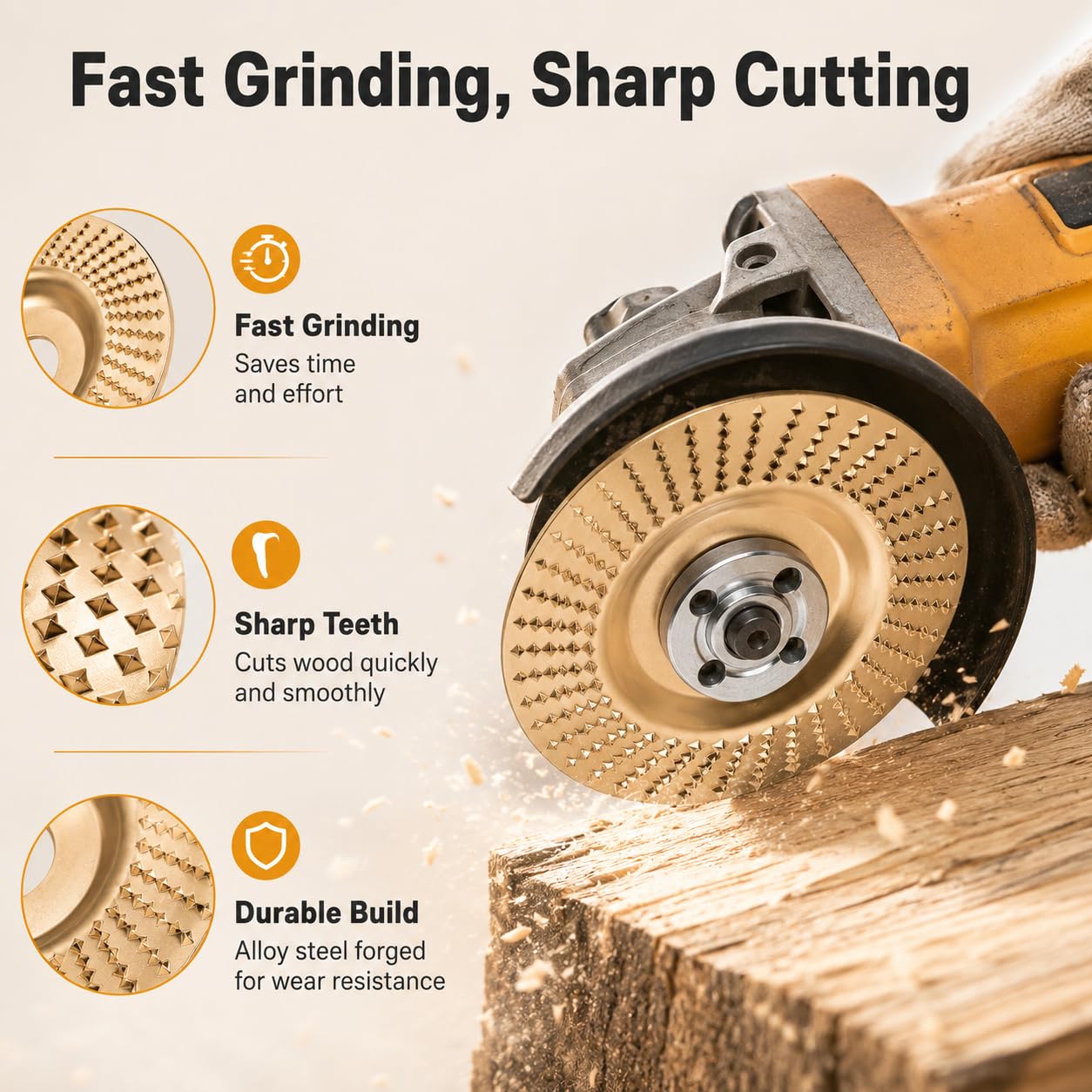 Angle Grinder Polishing Pad, 2026 Tungsten Carbide Wheel Set with Upper Clamping Plates, Tungsten Carbide Grinding Wheel Wood Carving for Cutting, Shaping, Sanding (Gold)