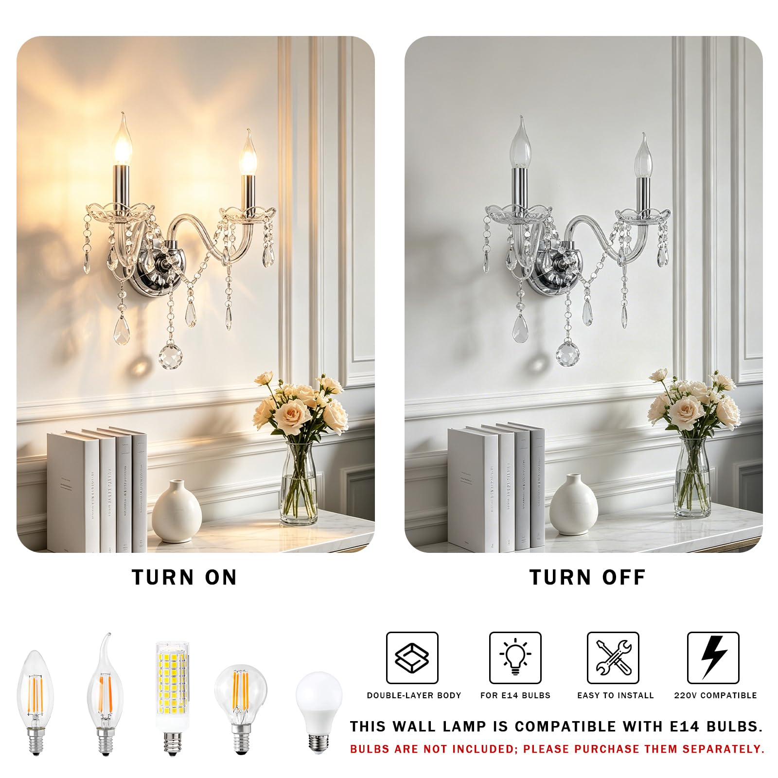 zhxinashu Applique da Parete in Cristallo con Gocce per Camera da Letto | Applique da Parete Nordica a 2 Luci, Lampadina E14 Non Inclusa, Lampada da Parete Trasparente per Soggiorno e Corridoio