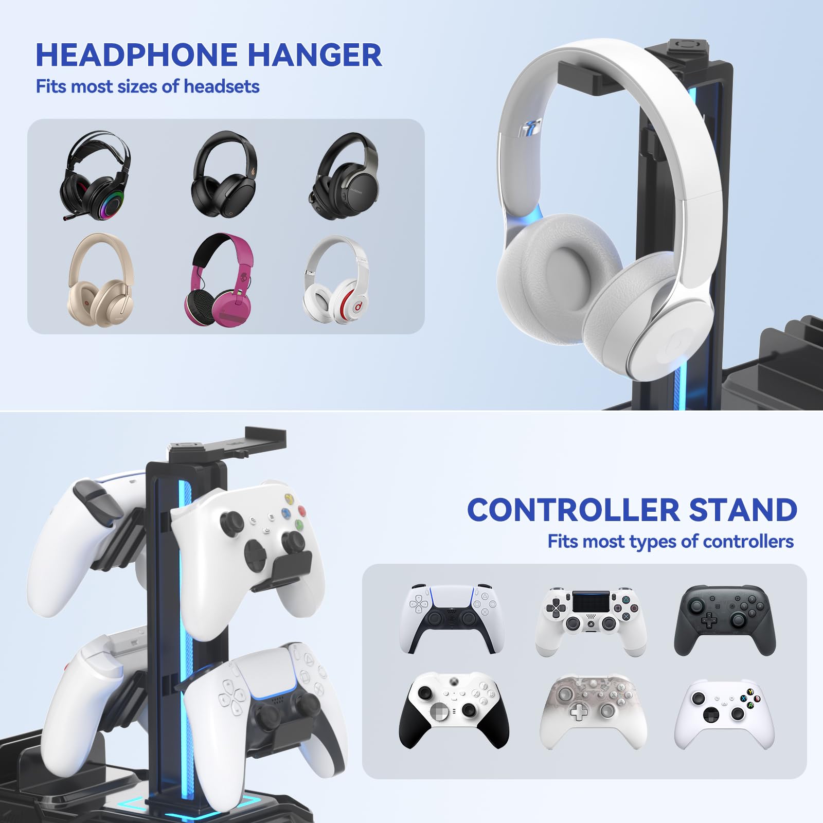 KDD Supporto Cuffie con Porte USB A&C - Supporto Controller e Ganci Rimovibili - Appendi Cuffie Girevole e Slot per Dispositivi per Telefoni/Tablet - Base con Cassetto per Scrivania, Gaming