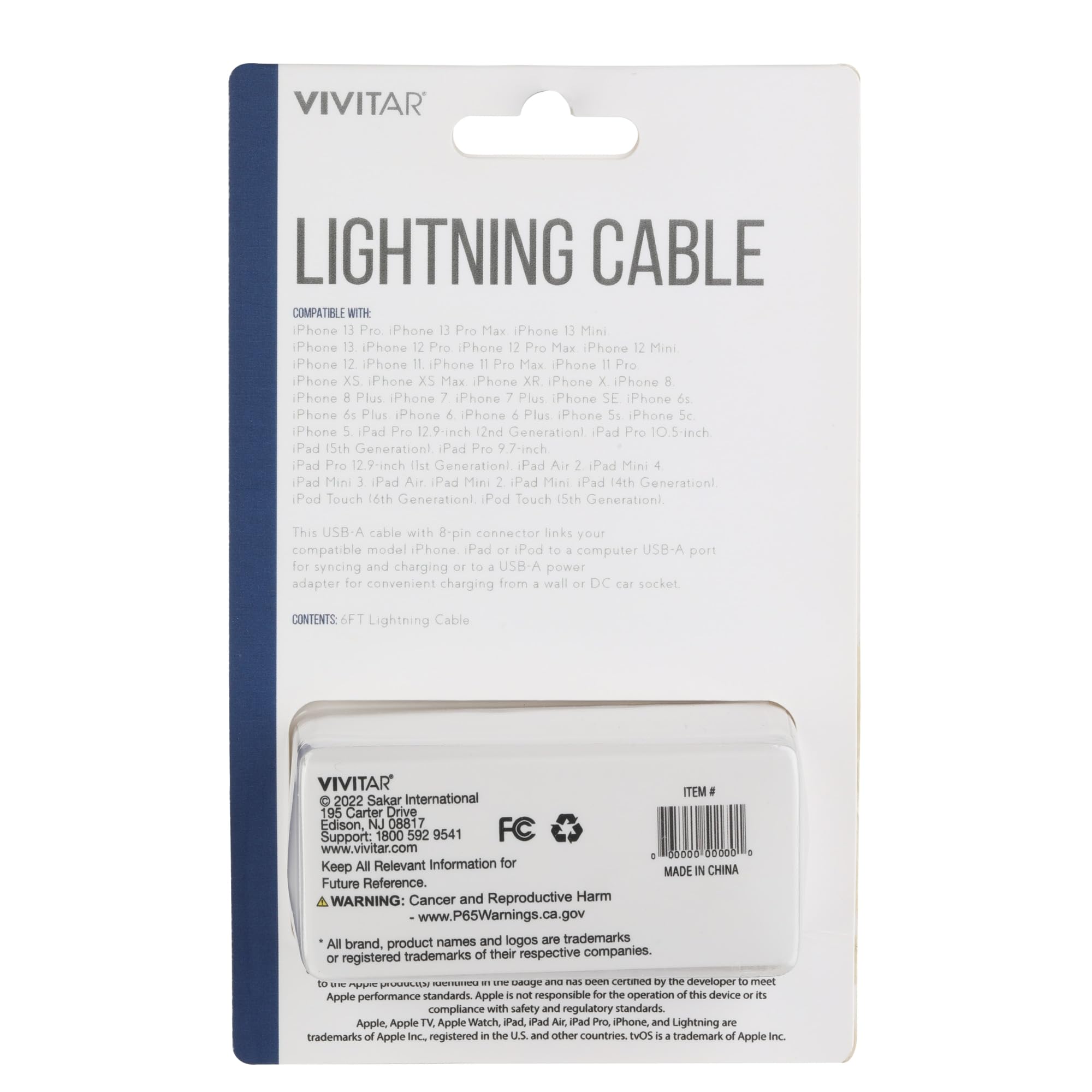 Vivitar Lightning To USB-A Cable, 6', Navy, NIL1006-NAV-STK-24