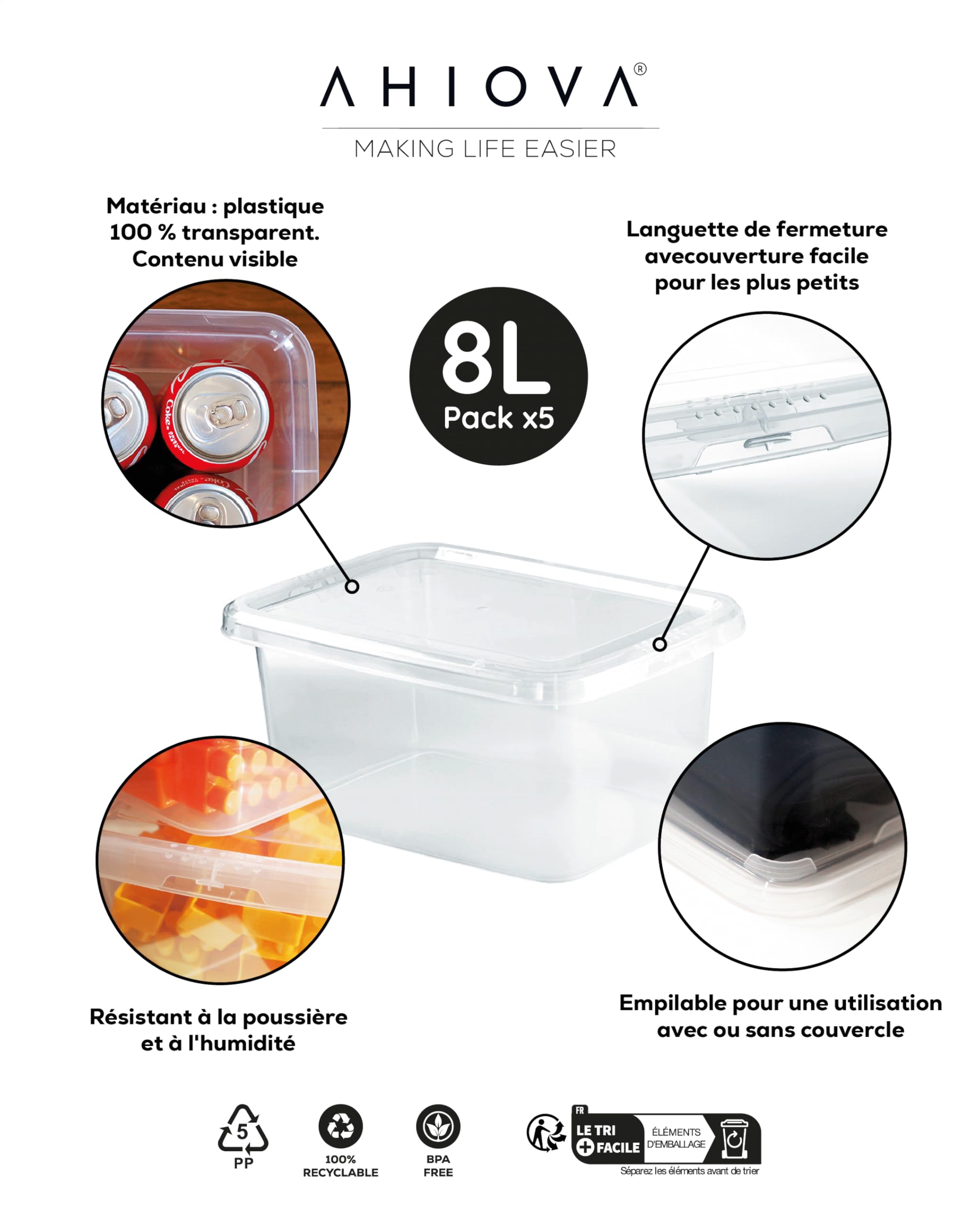 Boites Rangement Plastique 8L avec Couvercle Lot 5 Empilables 100% Transparentes Clic Pression 33x24x15,5cm Salle Bain Garage Bureau Maison Sans BPA