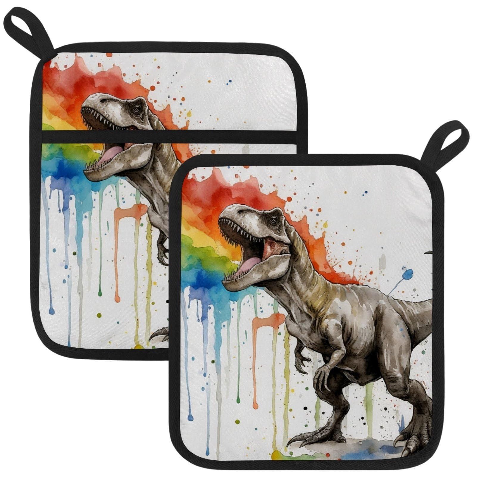 VAPOKF Cute Dinosaur Pot Holders with Pocket for Kitchen Heat Resistant Potholders Large Polyester-Cotton Square Oven Mitts Set