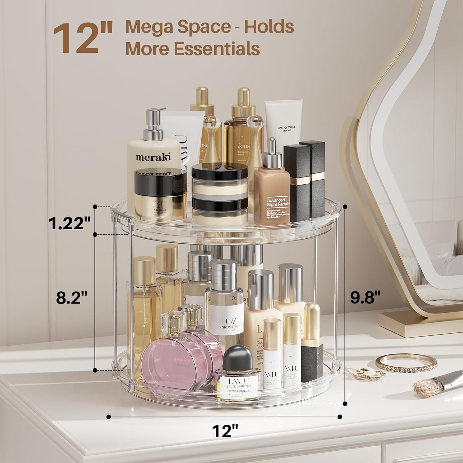 LAMU 2Pack 2 Tier Lazy Susan Organizer 12 inch Large Lazy Susan Turntable Rotating Spice Rack Organization for Cabinet, Kitchen, Pantry, Countertop, Bathroom, Vanity, Medicine Cabinet Organizer, Clear