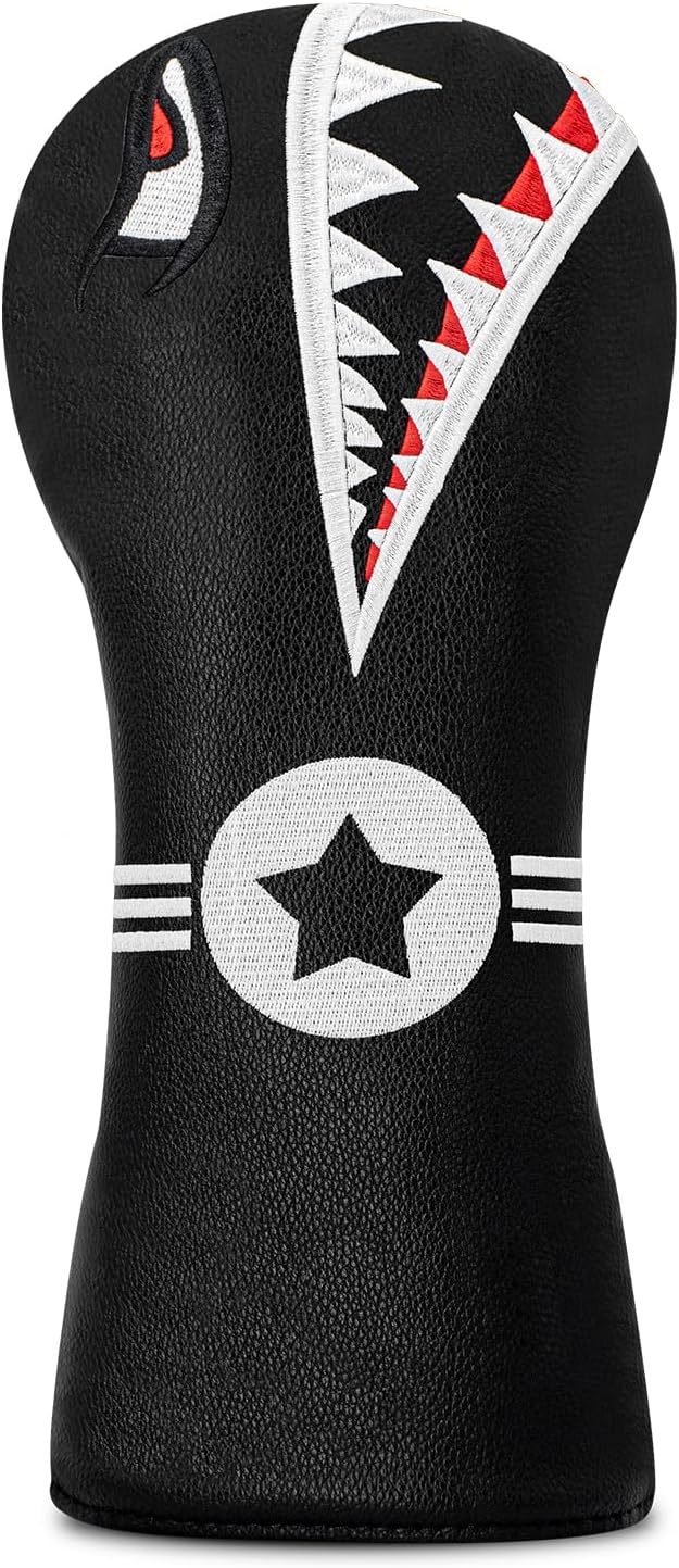 Golf Driver Fairway Hybrid Club Covers Black Leather Golf Head Cover with Funny Shark Travel Golf Gifts for Boyfriend Girlfriend Family