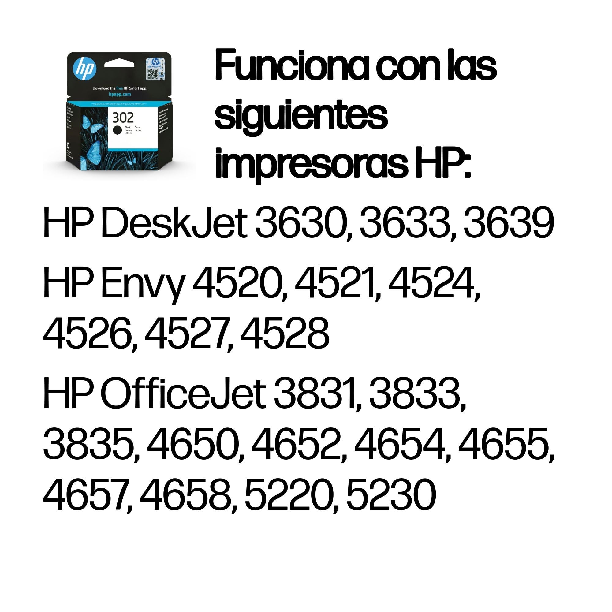 HP 302 F6U66AE Cartucho Original de Tinta Negro Compatible para Impresoras Deskjet Envy OfficeJet