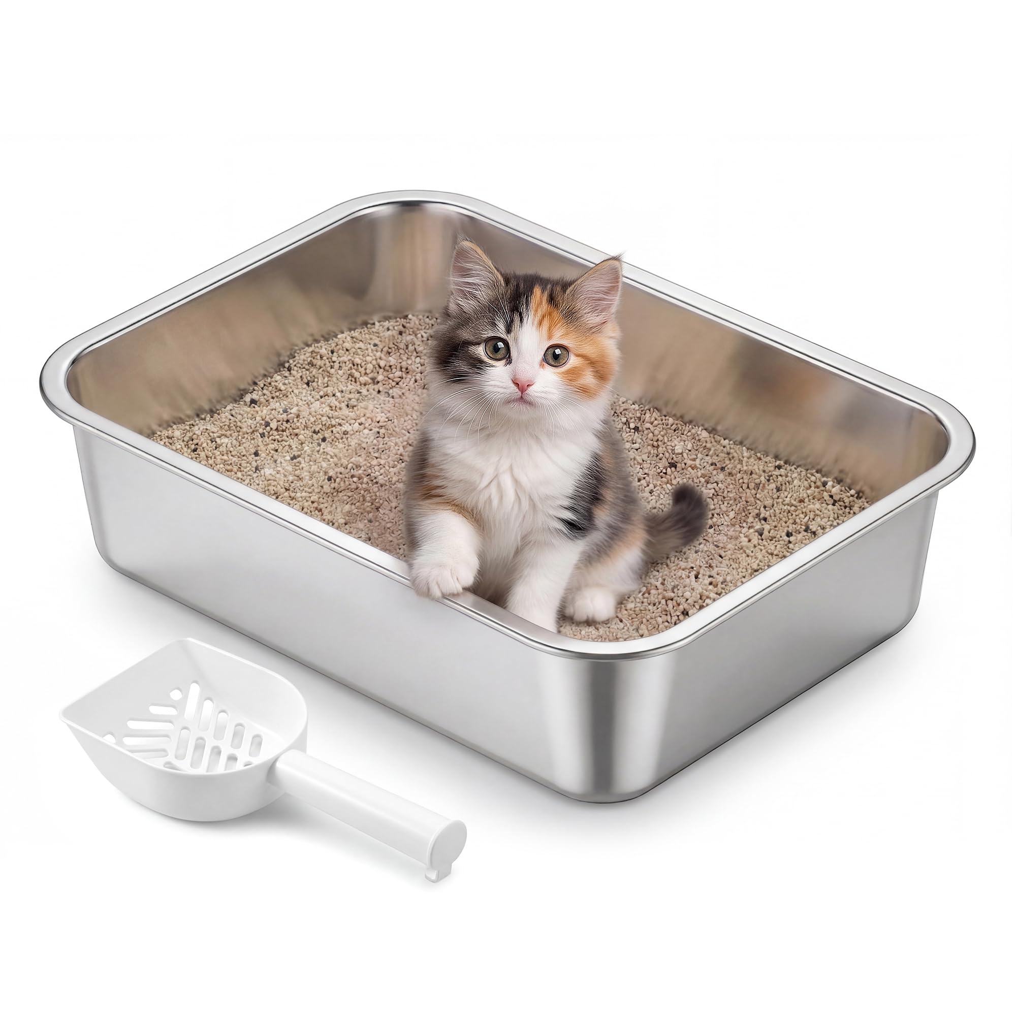 Feandrea Stainless Steel Litter Box, Open Top Cat Litter Tray with Scoop, Silver, 40 x 30 x 10 cm for Kittens, Small Cats PPT013E101