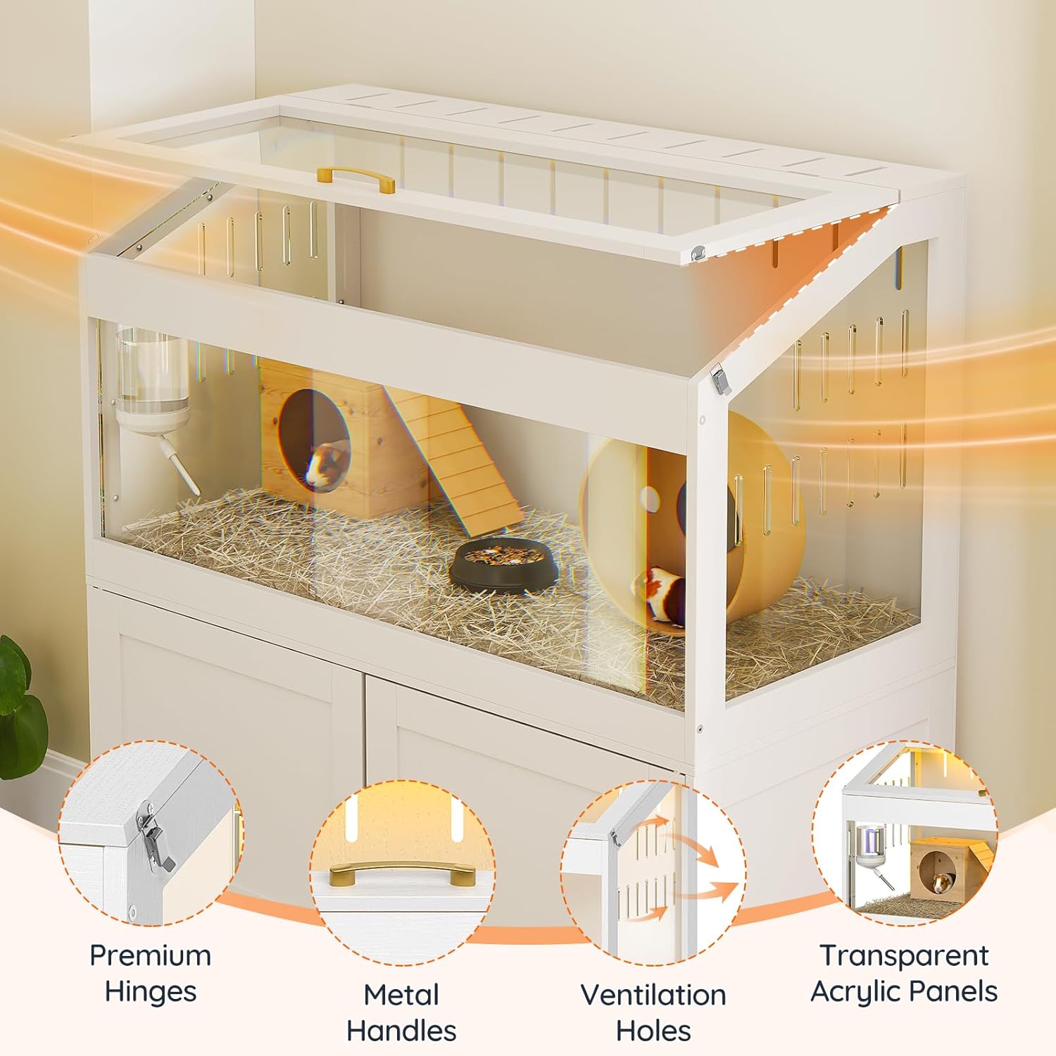 HOOBRO Large Hamster Cage, Acrylic Hedgehog Cage with Storage Cabinet and Led Light Strip, Big Hamster Enclosure with Flip-Top Lid, Easy to Clean, 39.4" x 18.9" x 42.5", White WT01AC03G1
