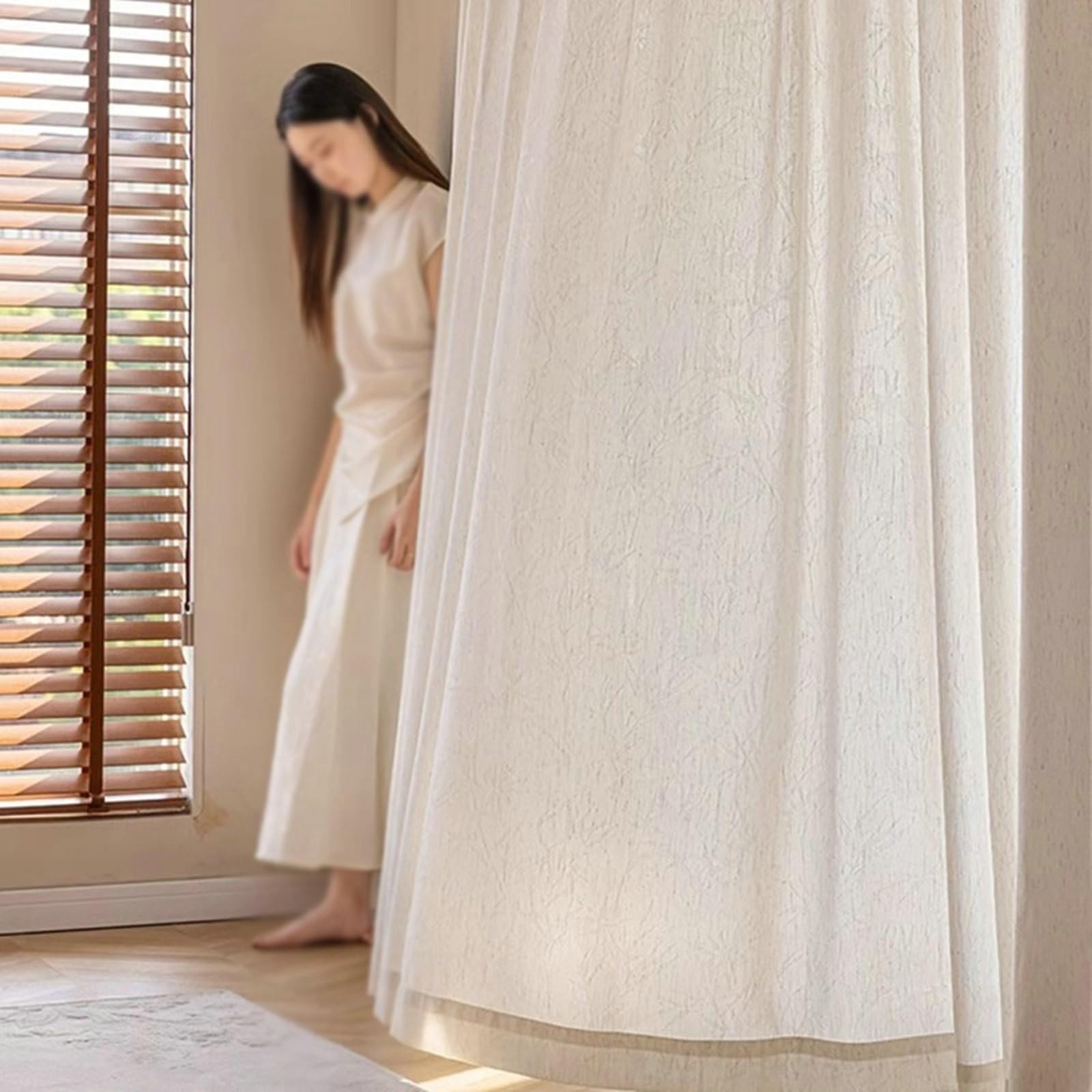 Einfarbig mit Blattstruktur Beige Vorhang Vintage BlickdichtHanf Schlafzimmer, Abdunkelnde Vorhänge Wohnzimmer, 132 x 115 cm Faltenband