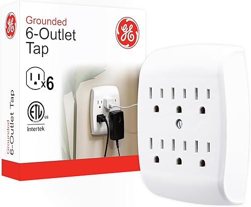 GE 6-Outlet Extender Wall Tap, Grounded Adapter, Outlet Splitter, Charging Station, 3-Prong, Plug Adapter, Secure Install, Cruise Essentials, ETL