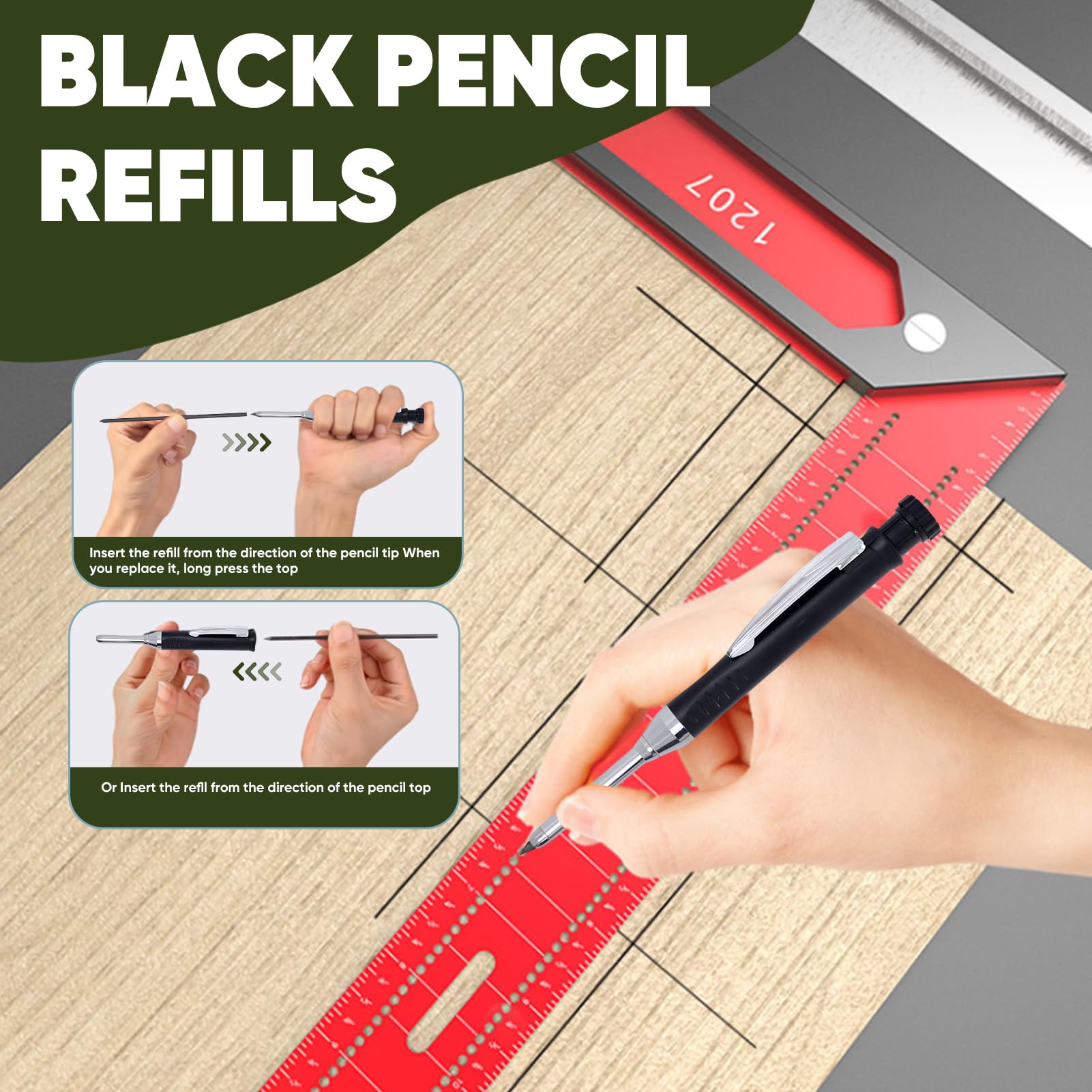 Mechanical Carpenters Pencil, Construction Pencil with 6Pcs Refills, Long Nose Nib Metal Solid Joiners - Image 3