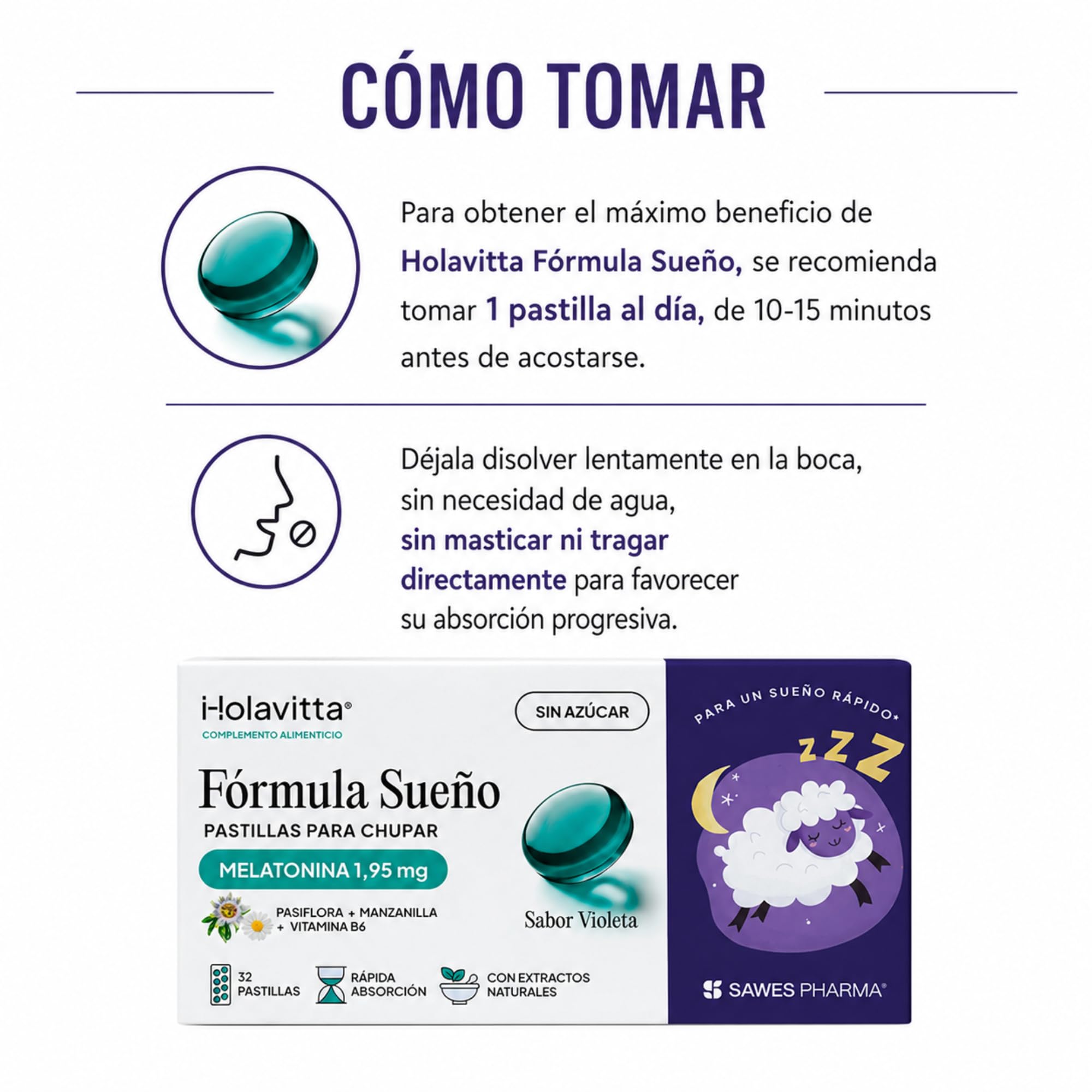 Fórmula Sueño con Melatonina 1,95 Gr, Pasiflora y Manzanilla sin Azúcar Sabor Violeta Descanso Natural y Bienestar Nocturno 32 Pastillas