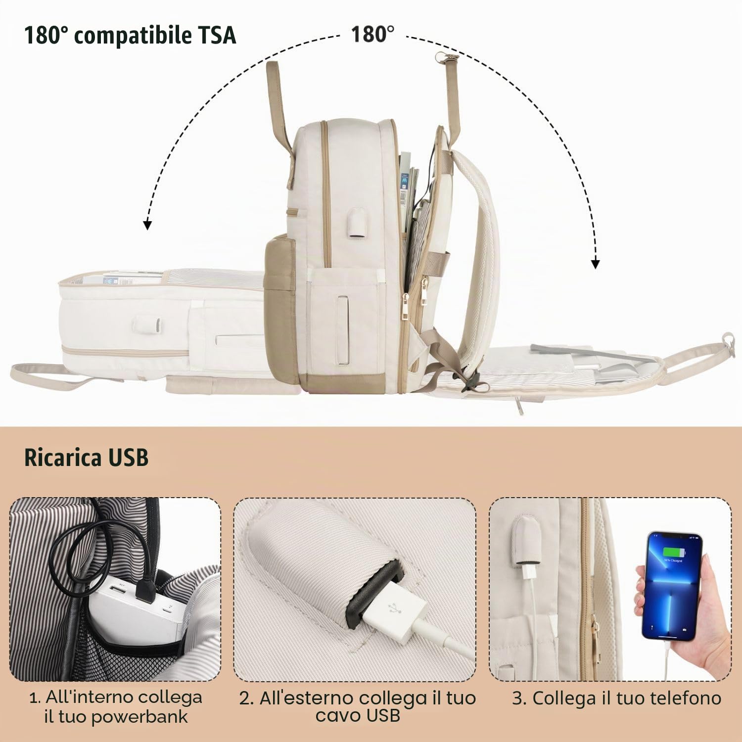 YAMTION Zaino Donna PC 15,6 Pollici,Zaini Ragazza Scuola Superiore e Media con Porta USB e Scomparto per Laptop,Beige