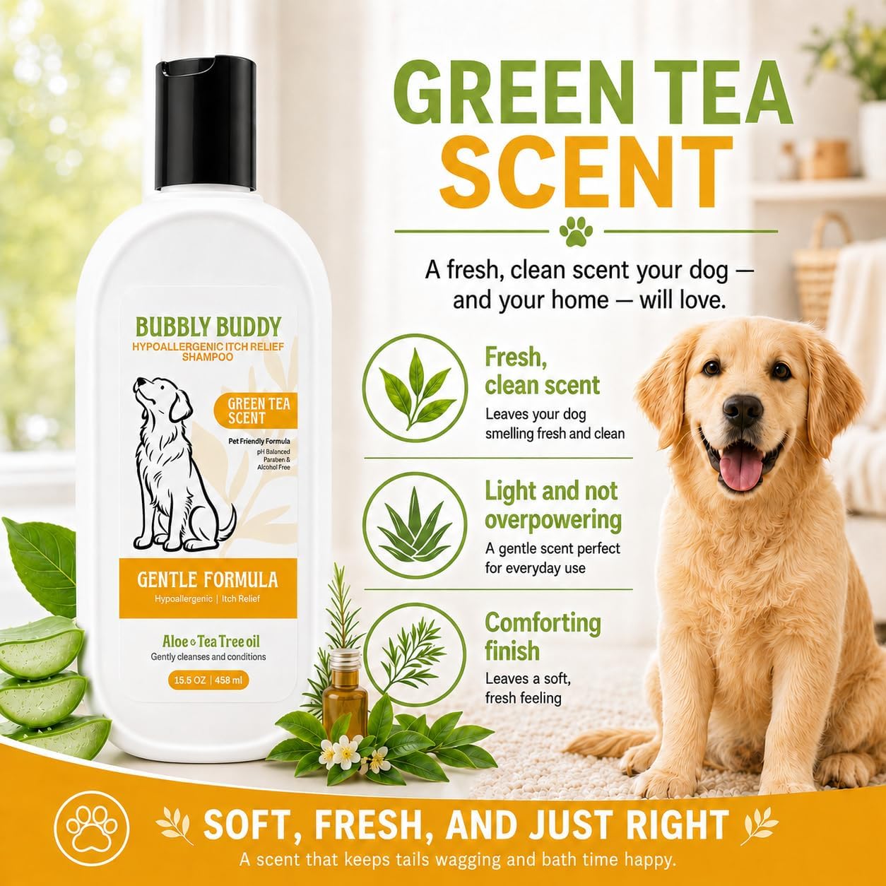Hypoallergenic Itch Relief Shampoo for Dogs, Green Tea Scent Dog Shampoo with Aloe, Tea Tree Oil, Colloidal Oatmeal, Jojoba Oil & Vitamin E, pH Balanced Sensitive Skin & Anti-Itch Care, 15.5 fl oz image 3