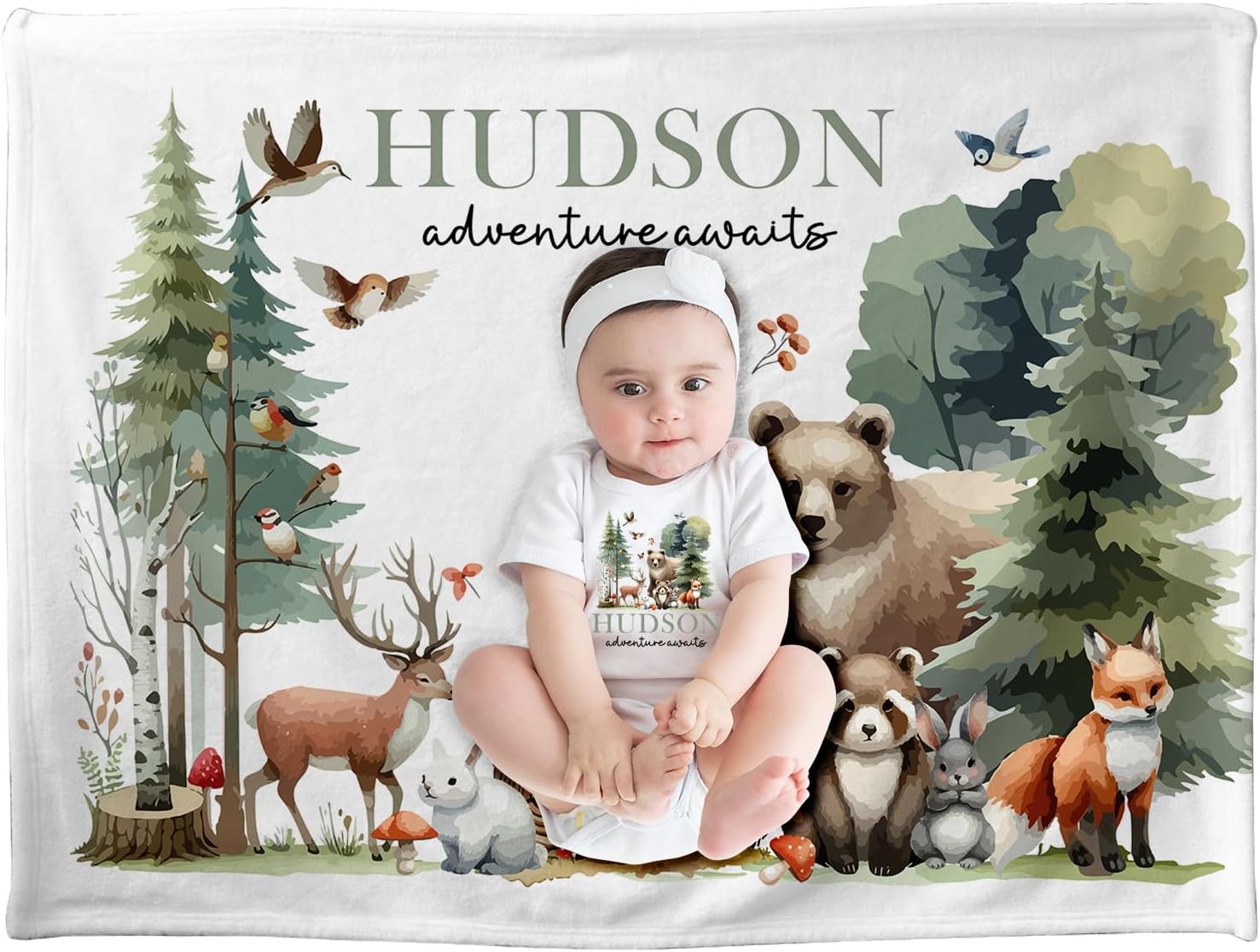 Personalized Baby Name Blanket - Woodland Theme Mountain Forest Decor - Custom Gift for Toddler Birthday - Adventure Awaits
