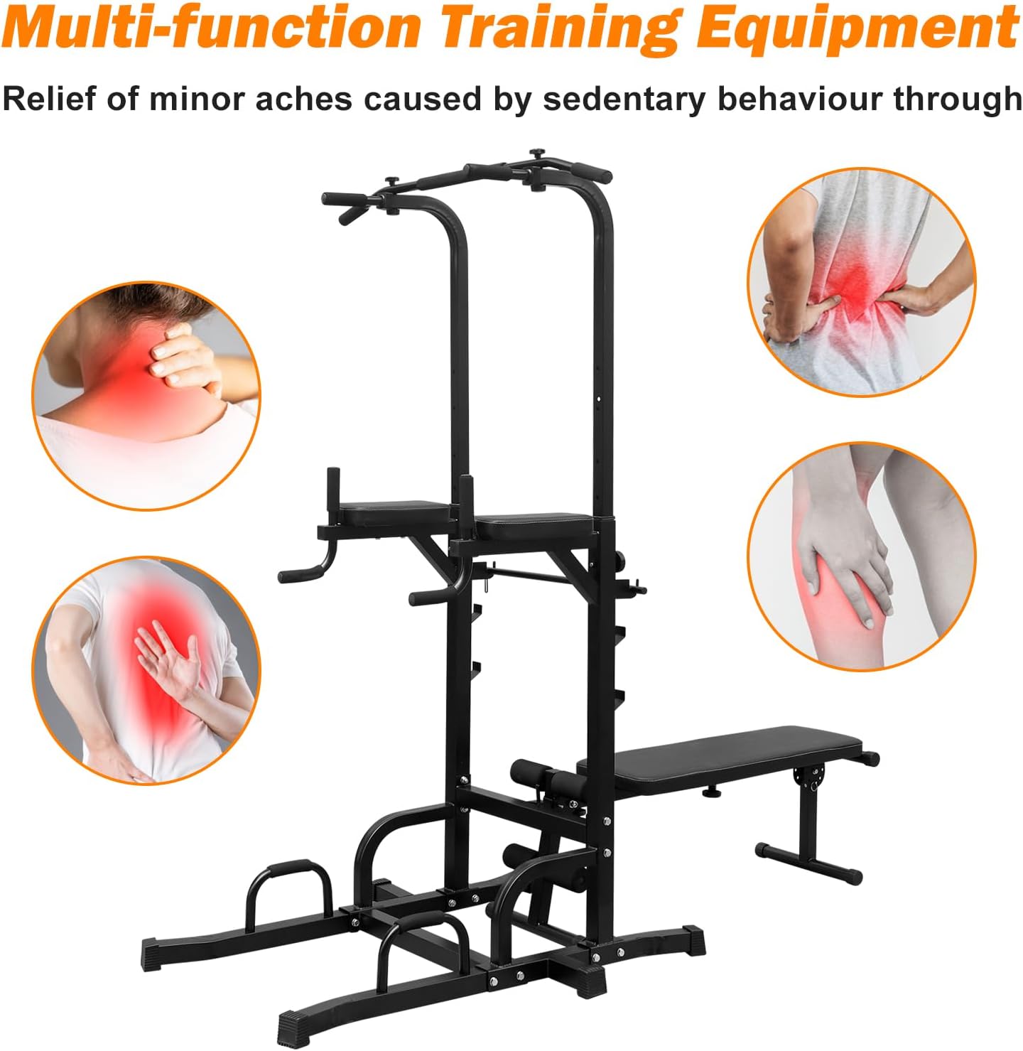 Multifunction Power Tower with Bench Pull Up Bar Dip Station Adjustable Height Dip Stand Heavy Duty Workout Strength Training Tower Fitness Equipment for Home Gym