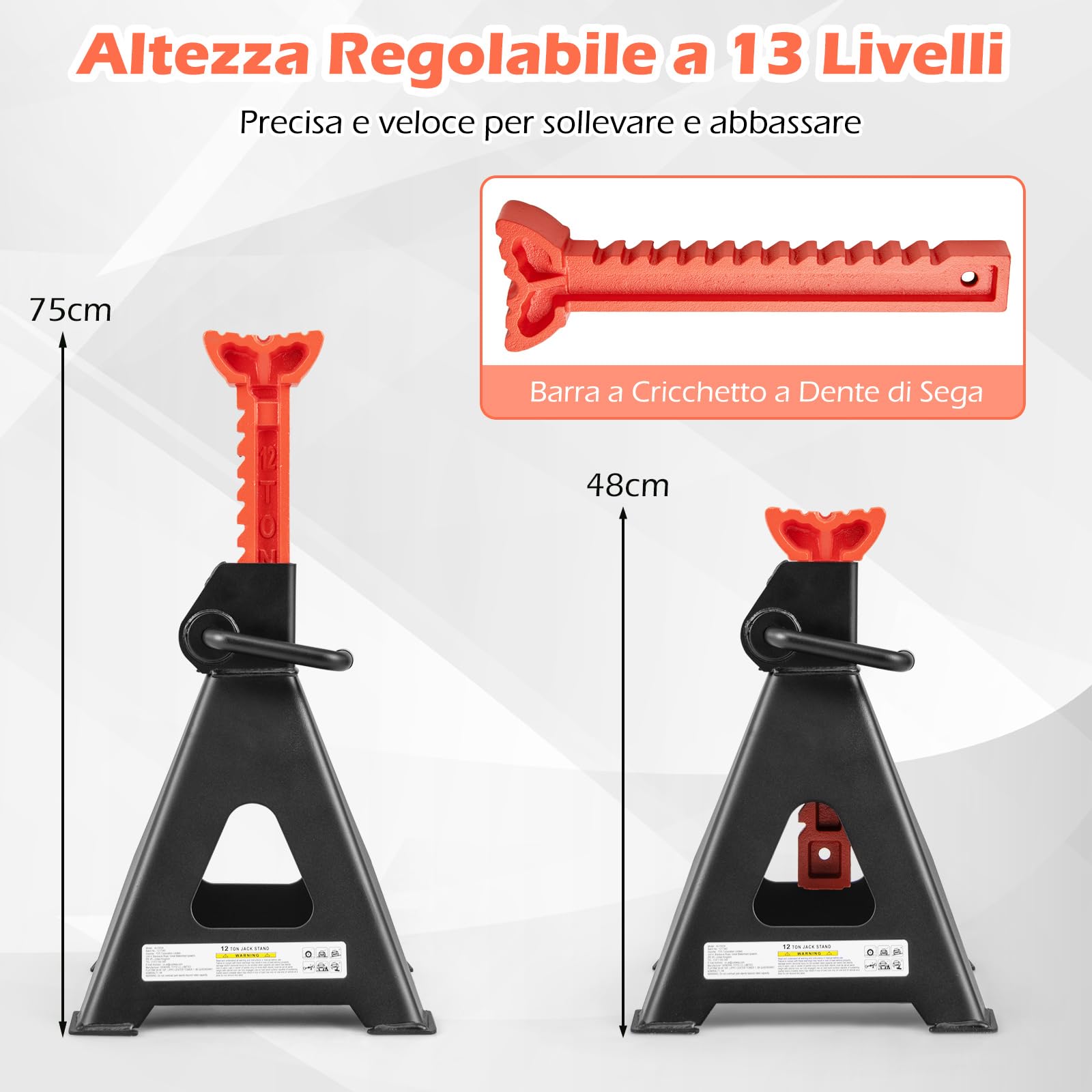 COSTWAY Set di 2 Cavalletti per Auto 12 T con Altezza Regolabile 48-75 cm | Coppia di Cavalletti di Sostegno con Blocco della Maniglia per Cric, ideali per SUV, Berlina, Pickup e UTV