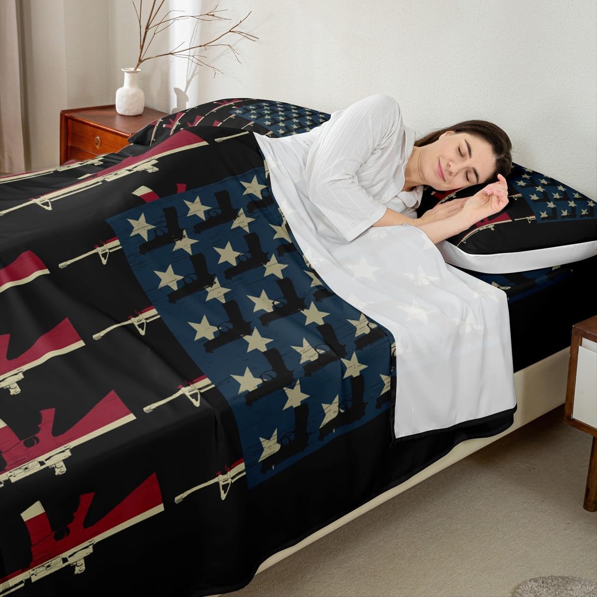 Erosebridal American Flag Fitted Sheet Twin,Vintage Soldier Guns Sheet Set Military USA National Flag Bed Sheets Shooting Weapon Top Sheet Retro Army Weapons Stars and Stripes Theme Room Decor