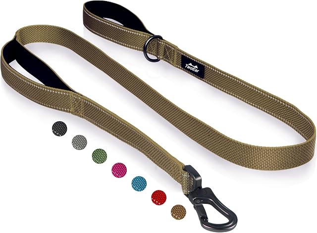TwoEar 4FT 1IN Strong Brown Dog Leash with 2 Padded Handles, Traffic Handle Extra Control, Comfortable Soft Dual Handle, Auto Lock Hook, Reflective Walking Lead for Small Medium and Large Dogs