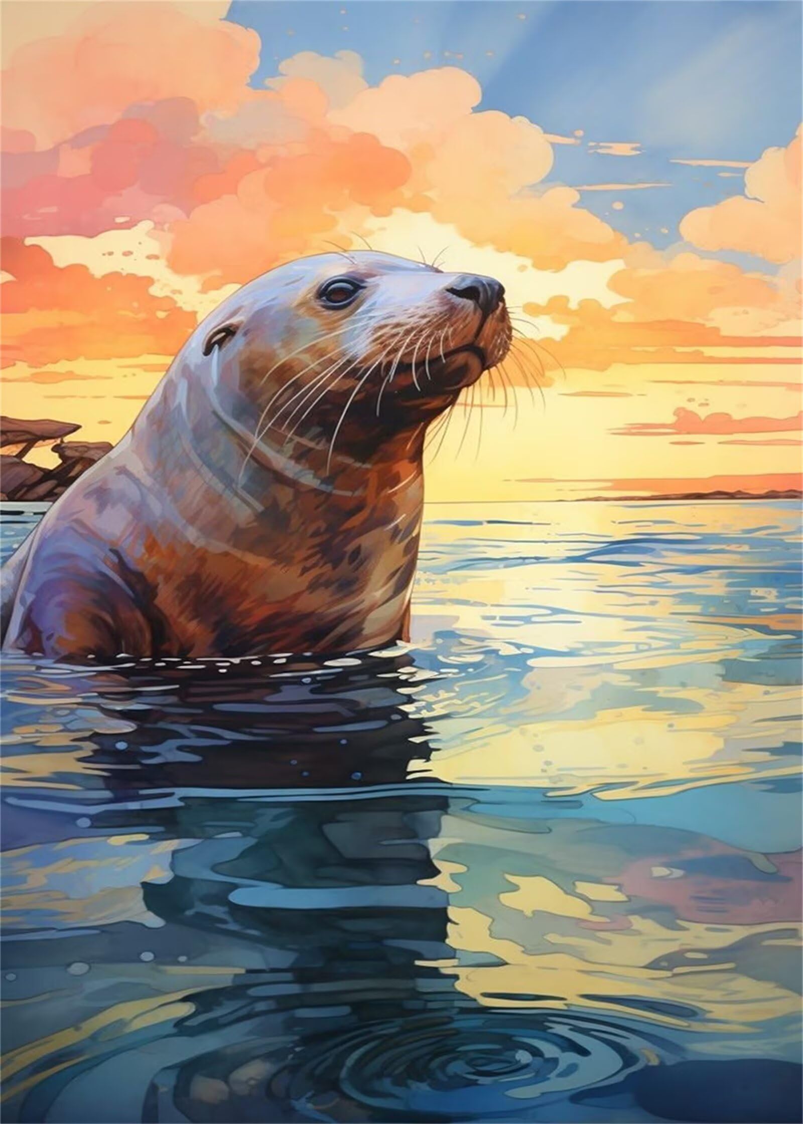 Yoonqun Pintar por Numeros para Adultos,con marco Paint by Numbers Kit DIY Cuadros Pintura al óleo de Lienzo con pigmento acrílico y pinceles para Hogar Pared Decoración Animal león marino,50x65 cm
