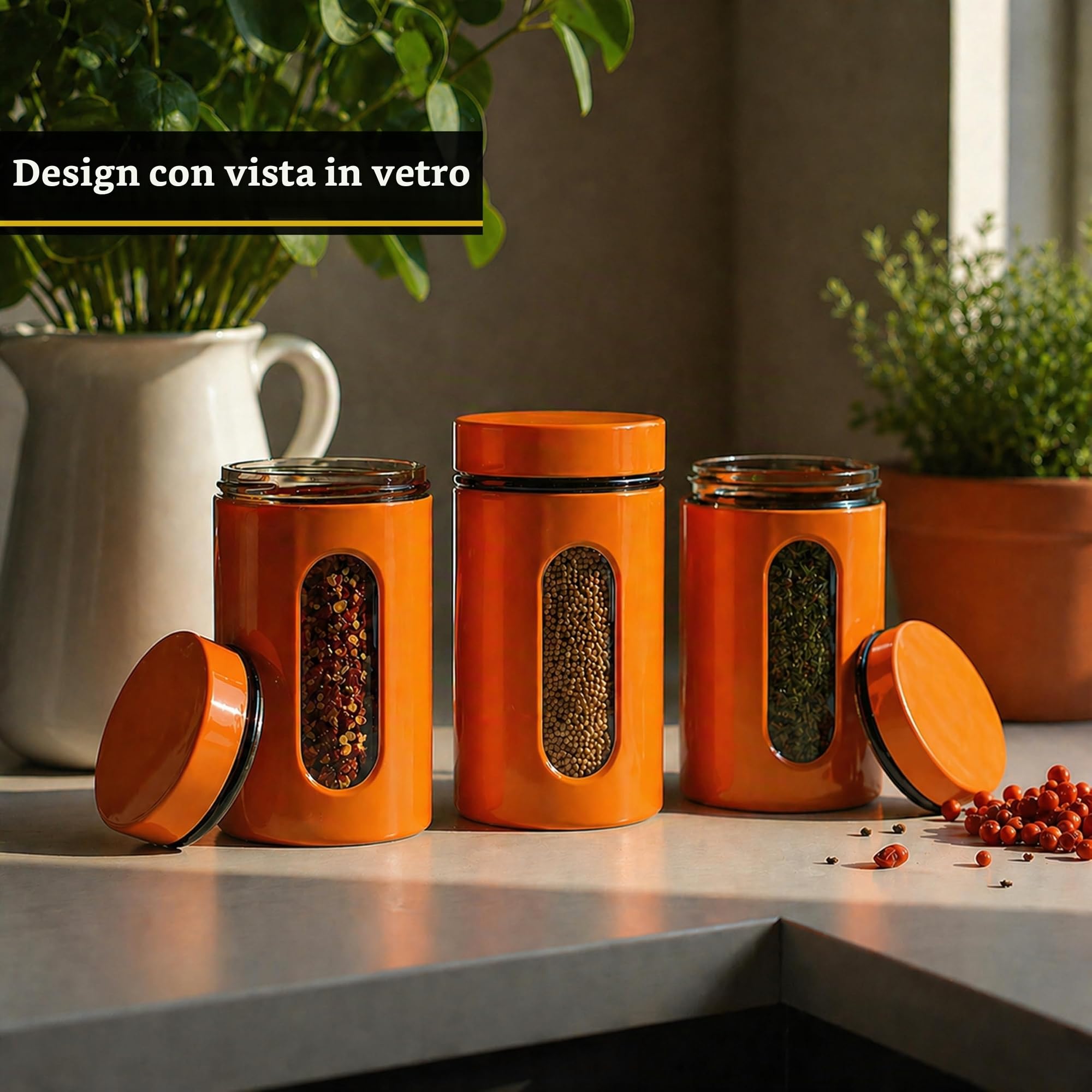 PREMIER Housewares 1209788 Set di 3 Barattoli, 1000 ml, in Smalto Arancione su Acciaio e Vetro