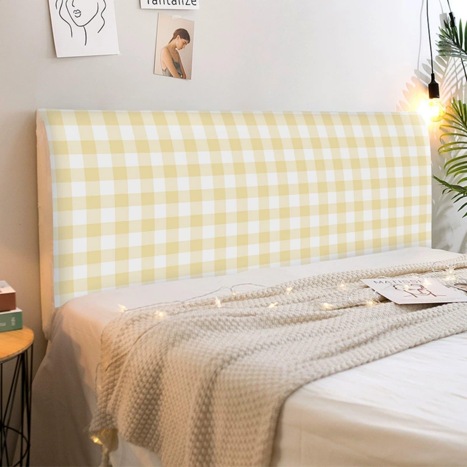 Mateju Bed Headboard Cover, Bed Headboardcover Stretch Headboard Covers Dustproof Modern Elastic Universal 120-220cm Plaid Gingham Style Head Board Slipcover All-Inclusive (Yellow,180cm)