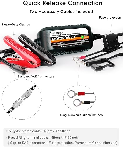 Miniatura 8 de MOTOPOWER MP00205C 12V 800mA Cargador de batería automático, mantenedor de batería, cargador de goteo y desulfatador de batería