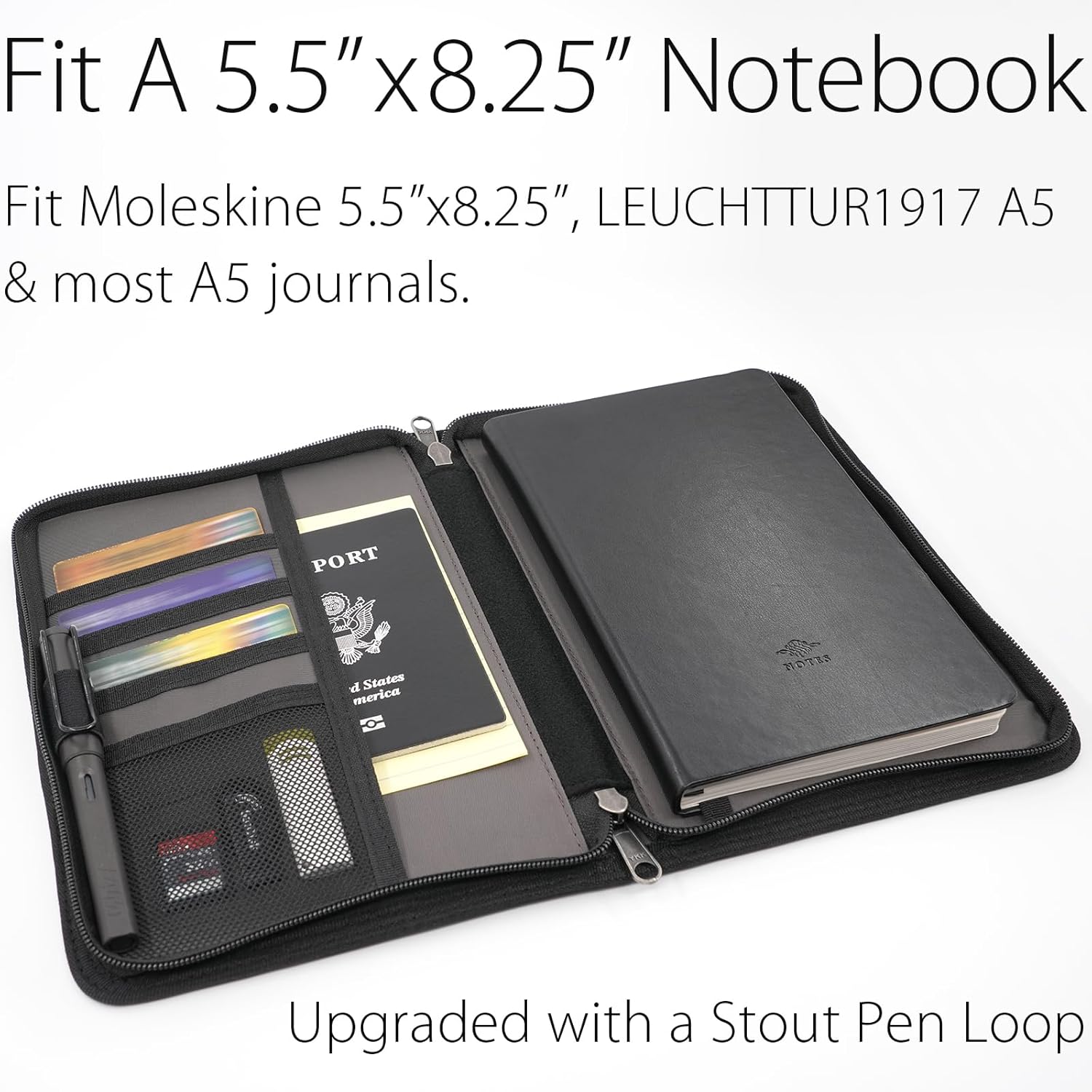 diodrio A5 Zipper Journal Notebook Cover with YKK Zipper for 5.5 x 8.25 Moleskine Cahier A5 LEUCHTTURM Planners Sketchbook, Pen Loop, Water Resistant, Refillable, Cover Pockets, Black