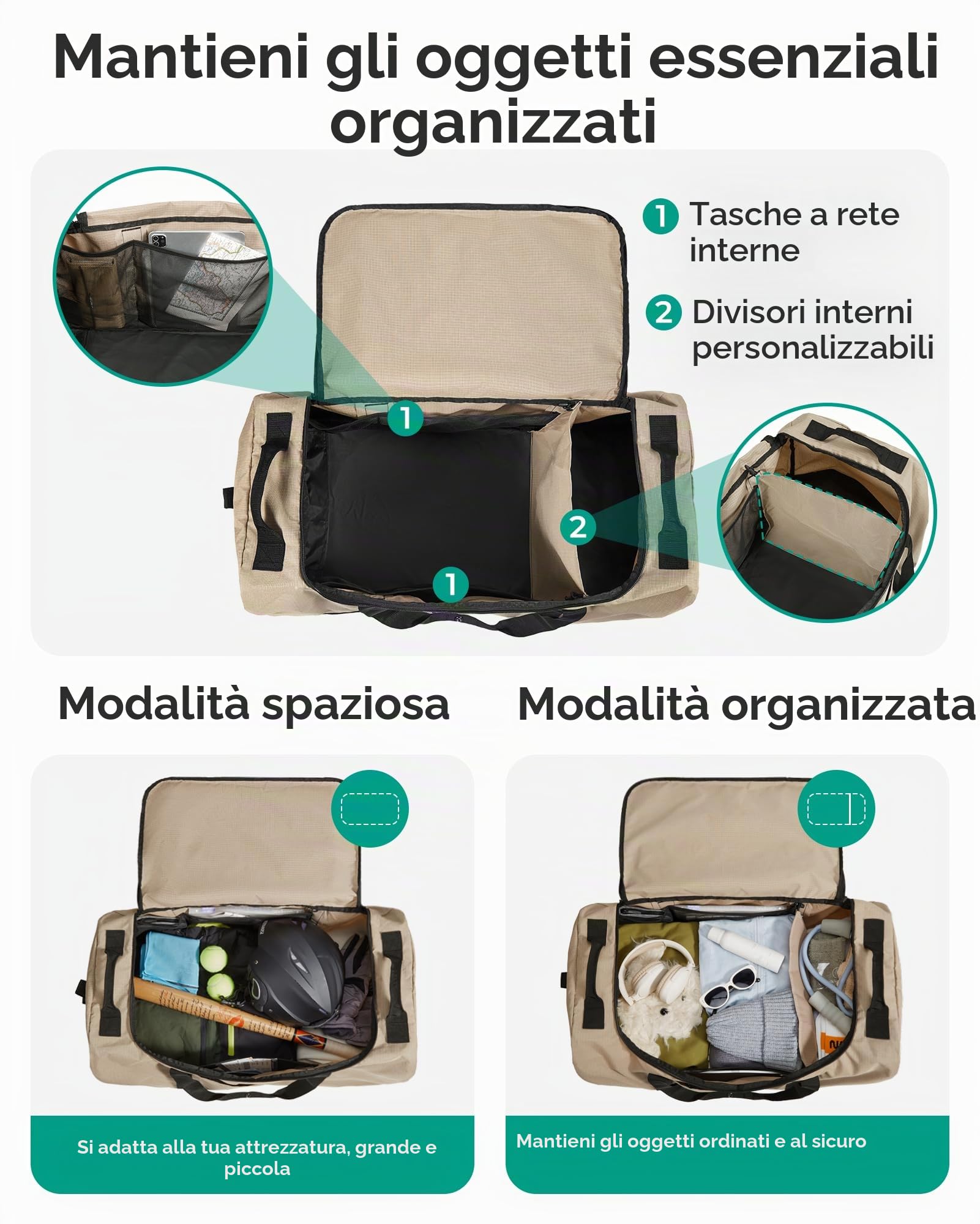BAGSMART Borsa da viaggio pieghevole con ruote, 80 l, leggera, borsa sportiva con 3 ruote, grande borsa da viaggio per uomo e donna, può essere arrotolata e conservata, grigio, 72 x 35 x 33 cm