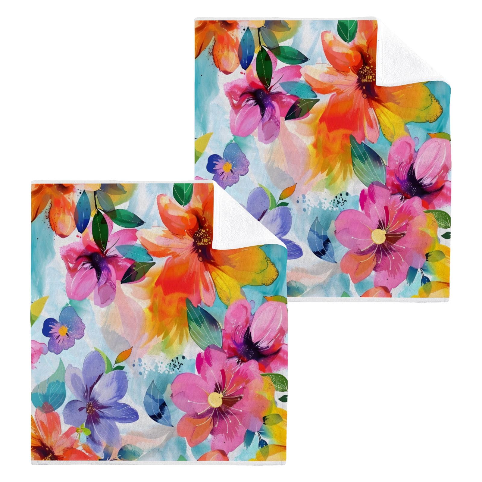 ALAZA Wash Cloth Set 100% Cotton Fingertip Towels Face Cloths Sets Abstract Watercolor Flower Highly Absorbent Soft Feel Set of 2