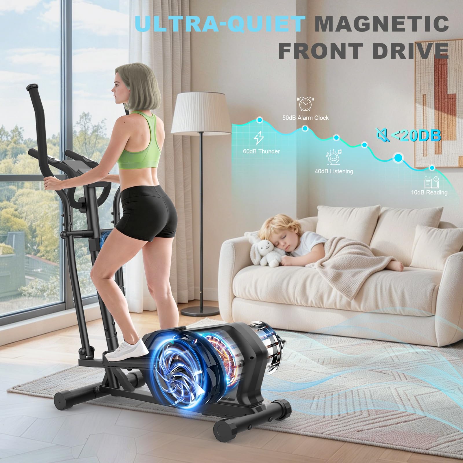 Crosstrainer für Zuhause,Ellipsentrainer mit 16-Stufiger Widerstandsstufen,Pulssensor, LCD-Monitor & Gerätehalterung,Magnetischer Crosstrainer mit Bluetooth & App, Ellipsentrainer Fitness Sport