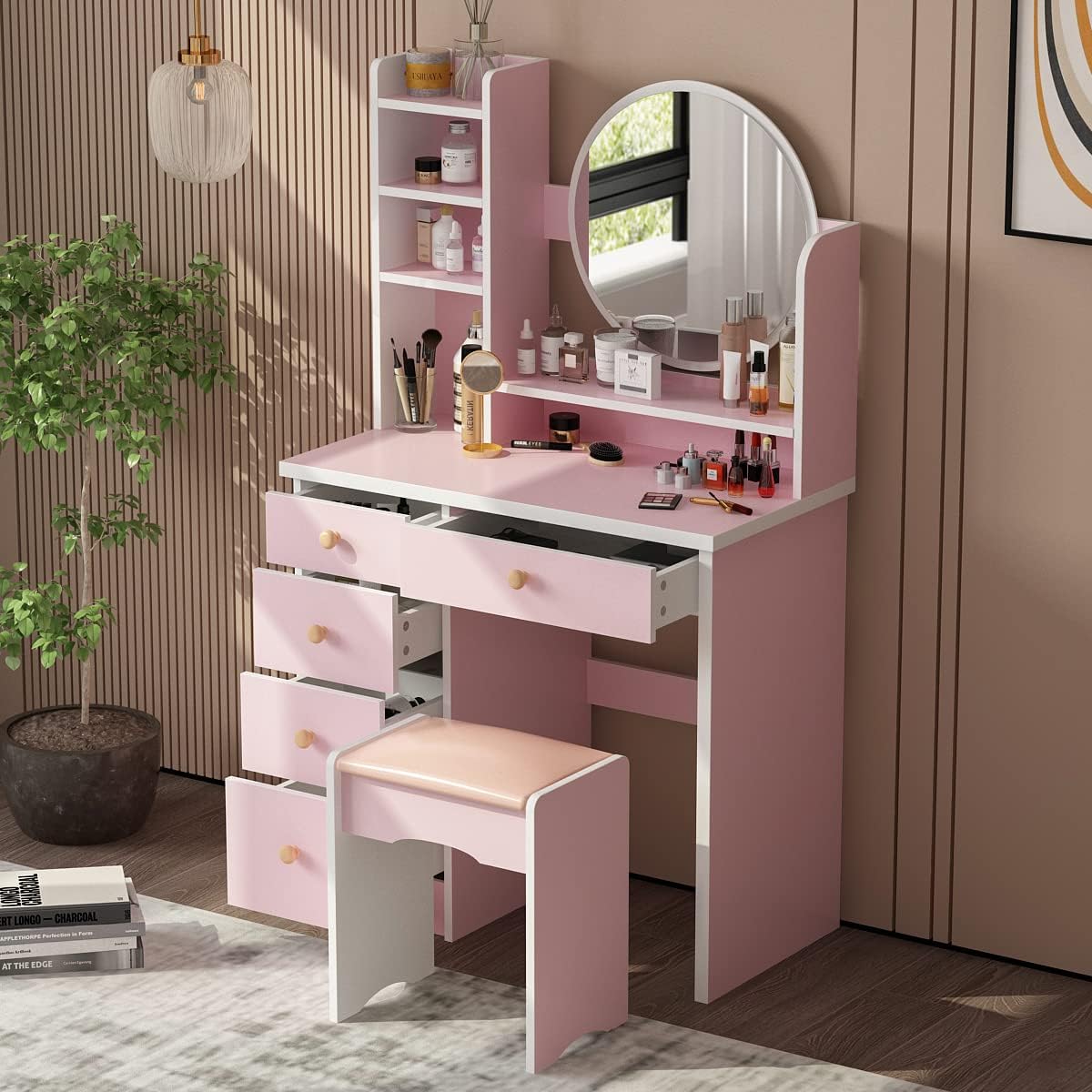 Makeup Vanity Set Dresser Desk with 5 Drawer and Shelf Round Mirror Dressing Table Vanity Set with Cushioned Stool for Bedroom, Pink
