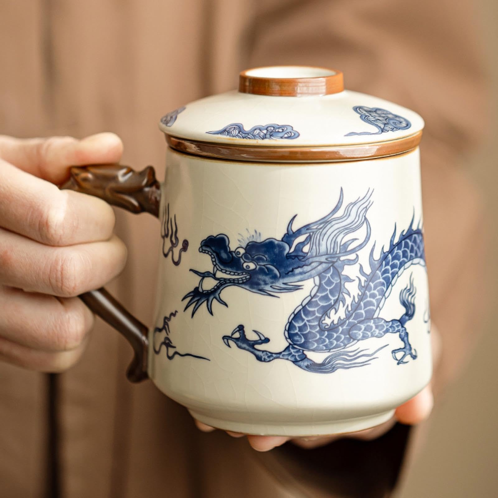 Ru Kiln Tasse minimaliste en céramique avec filtre et boîte à thé Beige 440 ml