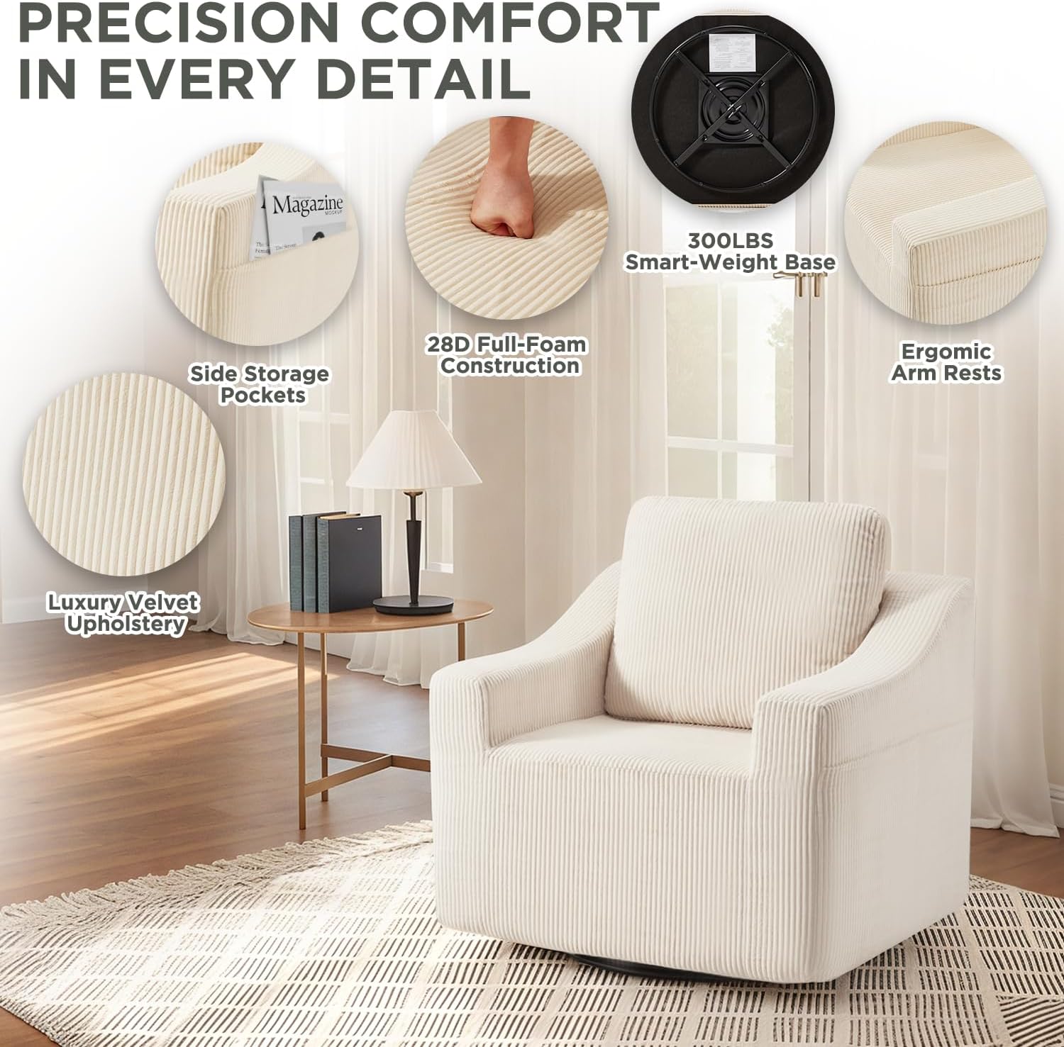 HOMREST 2-in-1 Swivel Sofa Chairs Set of 2,360° Rotating or Fixed Mode, All-Foam Oversized Swivel Single Sofa Chair, Reading Chair for Bedroom, Storage Pocket, Beige Corduroy Living Room Accent Chair