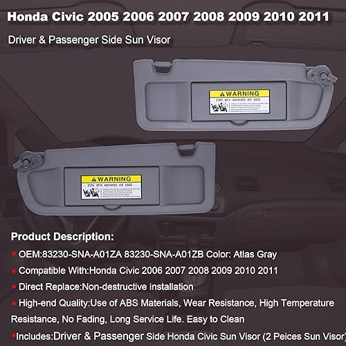 Miniatura 2 de NHILES Atlas - Parasol lateral izquierdo y derecho gris compatible con Honda Civic 2006 2007 2008 2009 2010 2011 Reemplazo # 83230-SNA-A01ZA